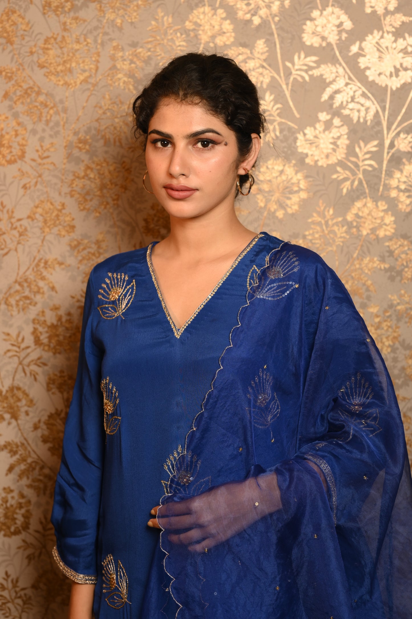 Egyptian Blue Sequins Hand Embroidered suit set
