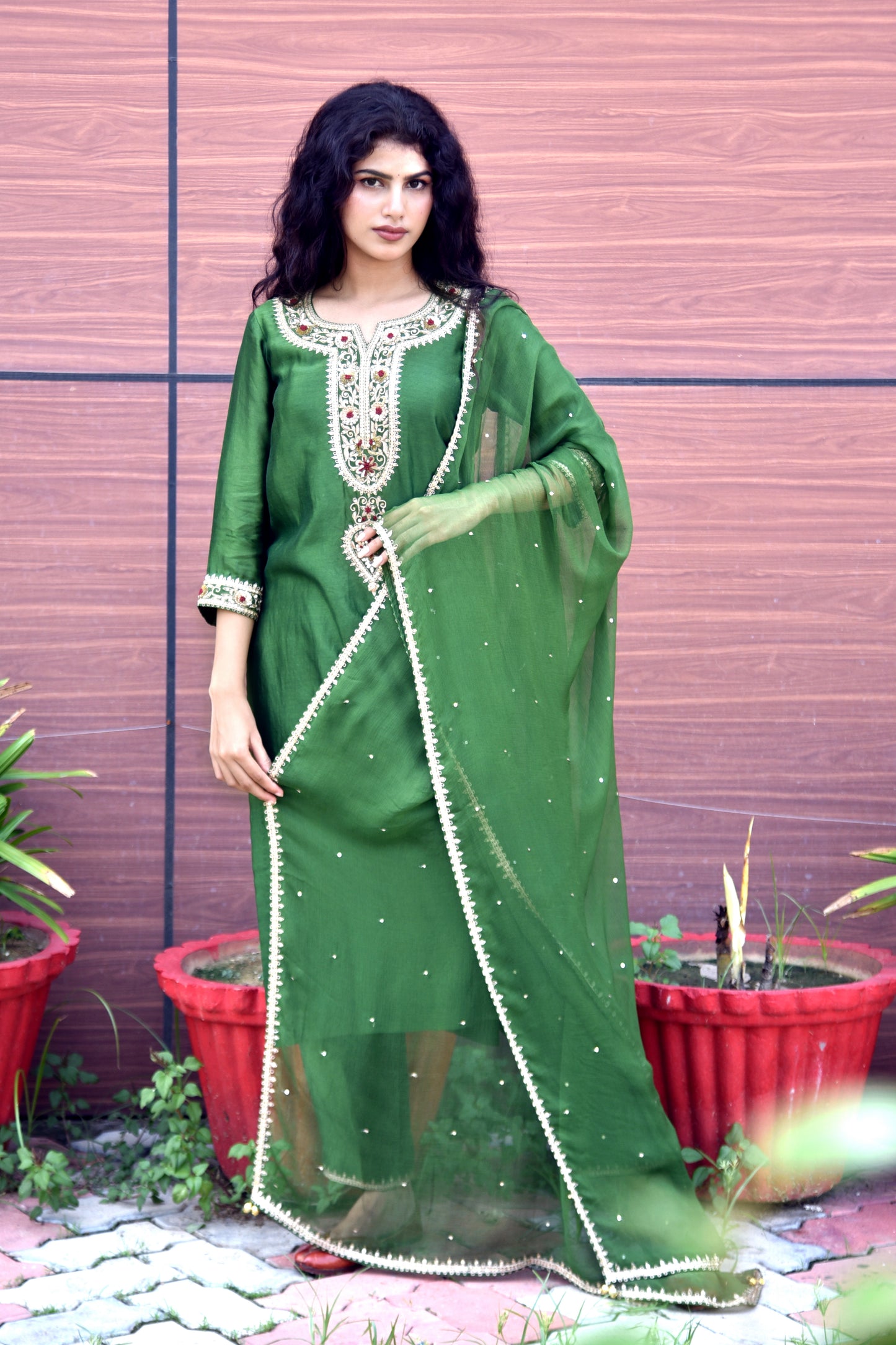 Fern Green Sequins & Zardozi Hand Embroidered Kurti set