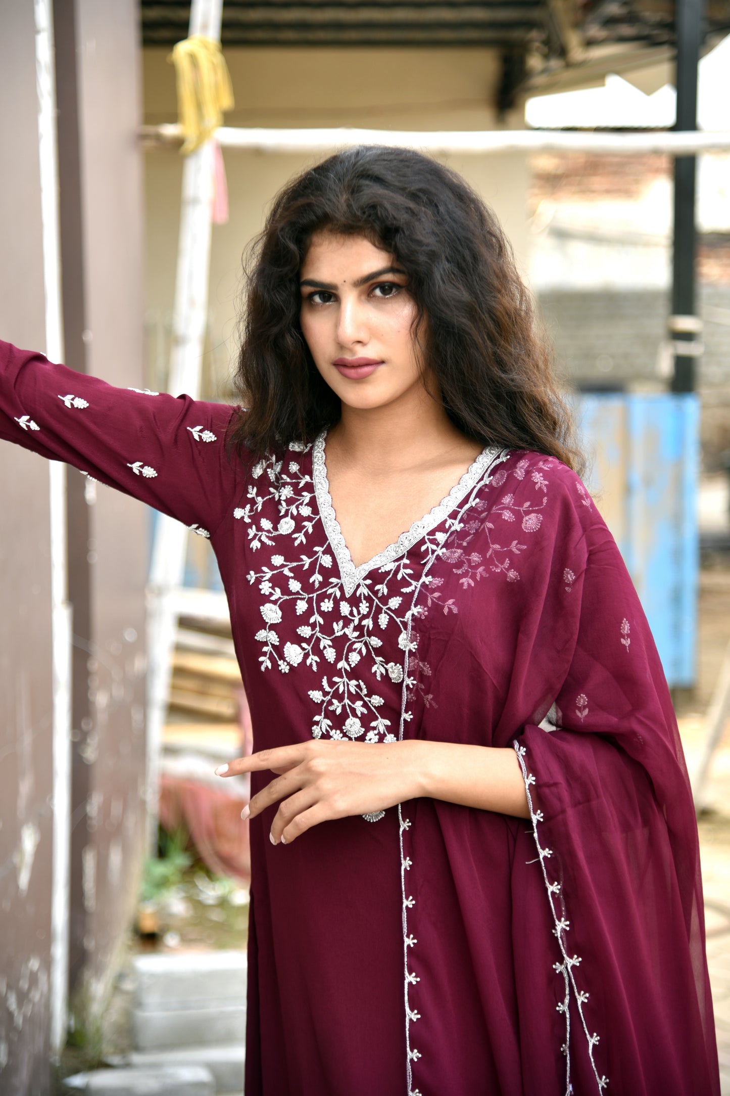 Merlot Wine Pearl & Zardozi work Hand Embroidered Kurti set