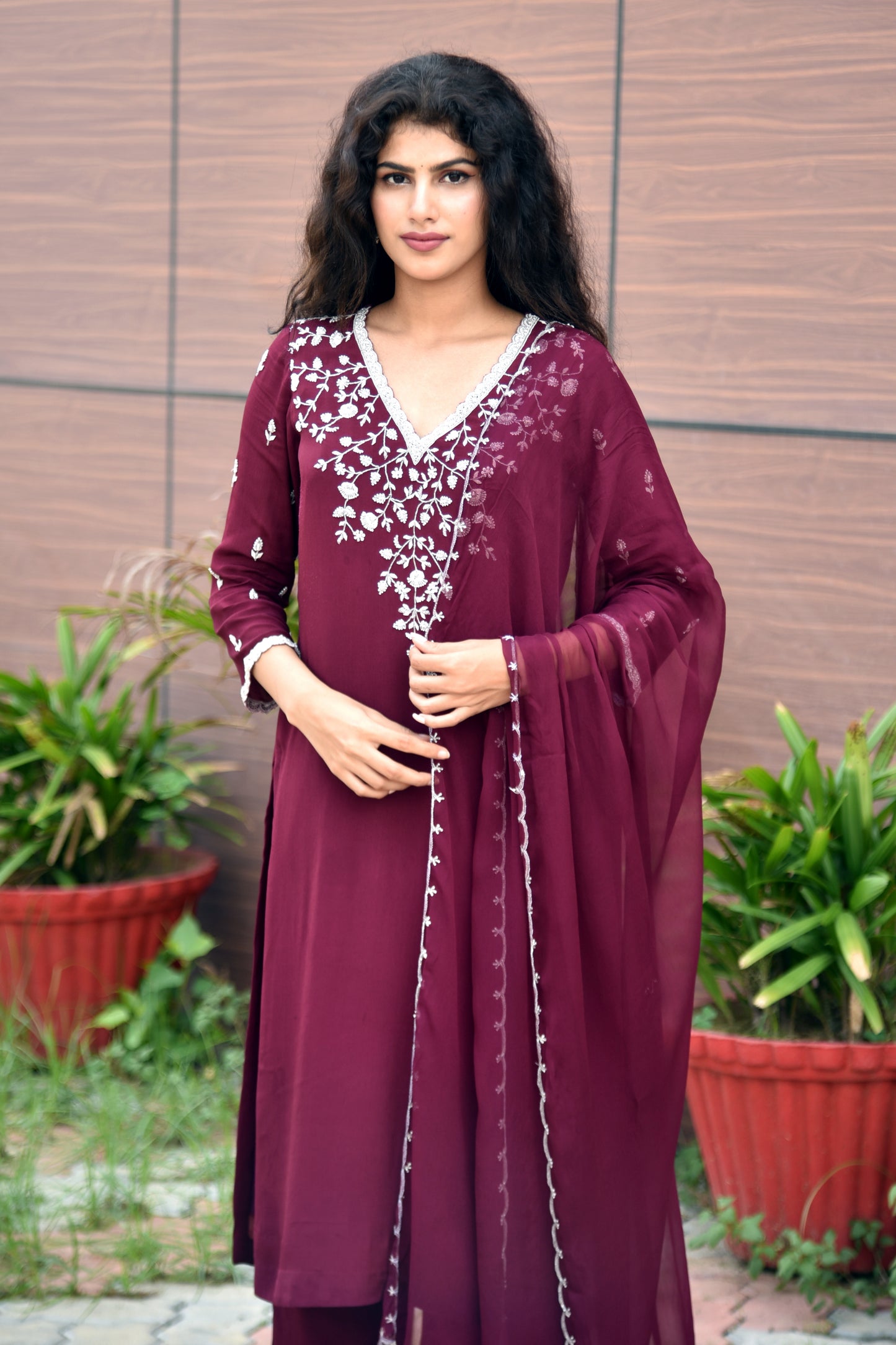 Merlot Wine Pearl & Zardozi work Hand Embroidered Kurti set