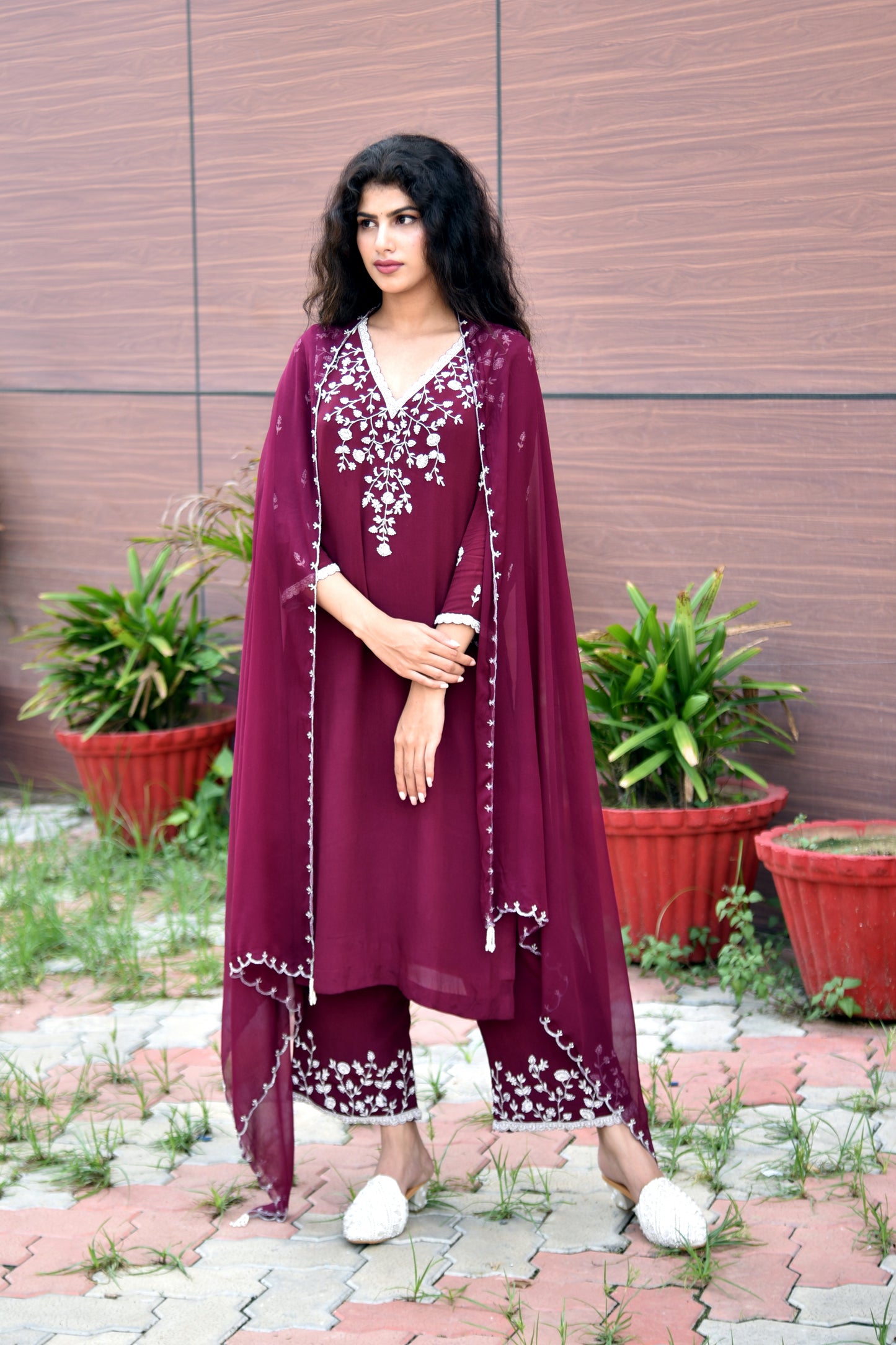 Merlot Wine Pearl & Zardozi work Hand Embroidered Kurti set