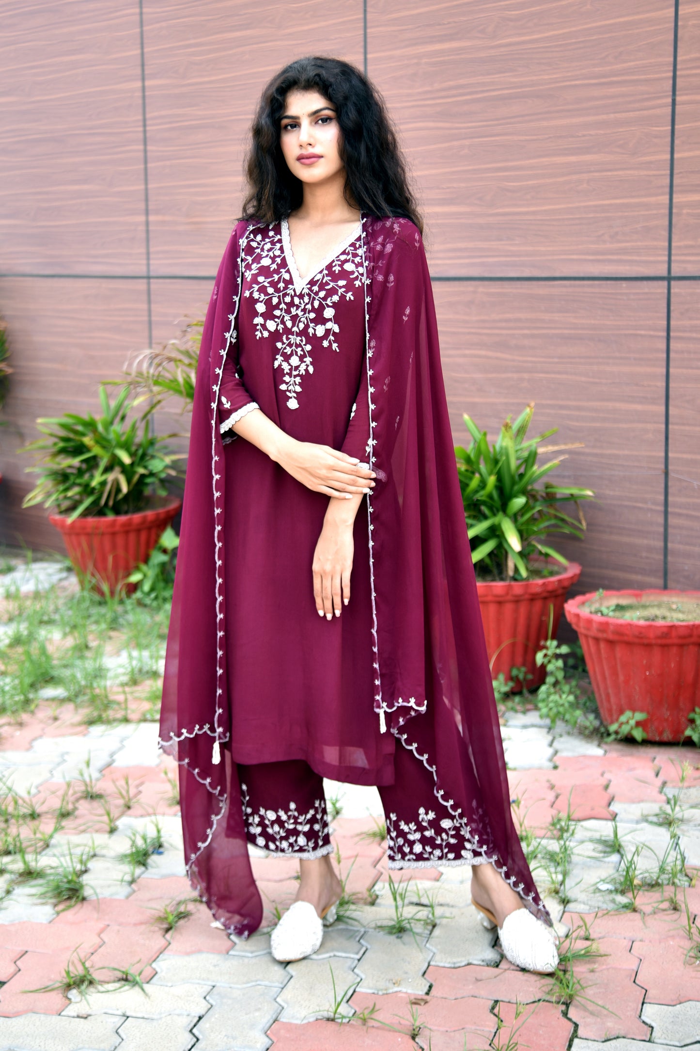 Merlot Wine Pearl & Zardozi work Hand Embroidered Kurti set