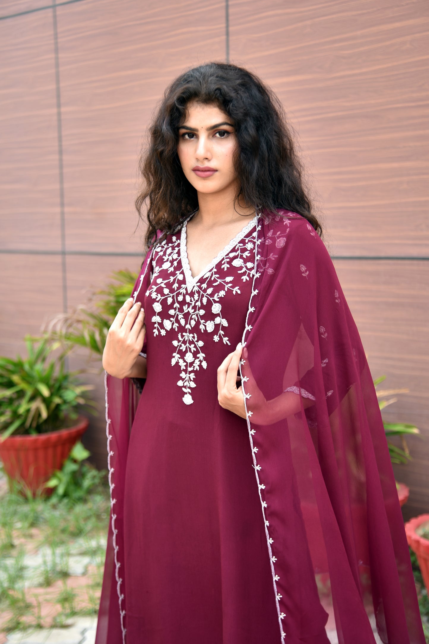 Merlot Wine Pearl & Zardozi work Hand Embroidered Kurti set