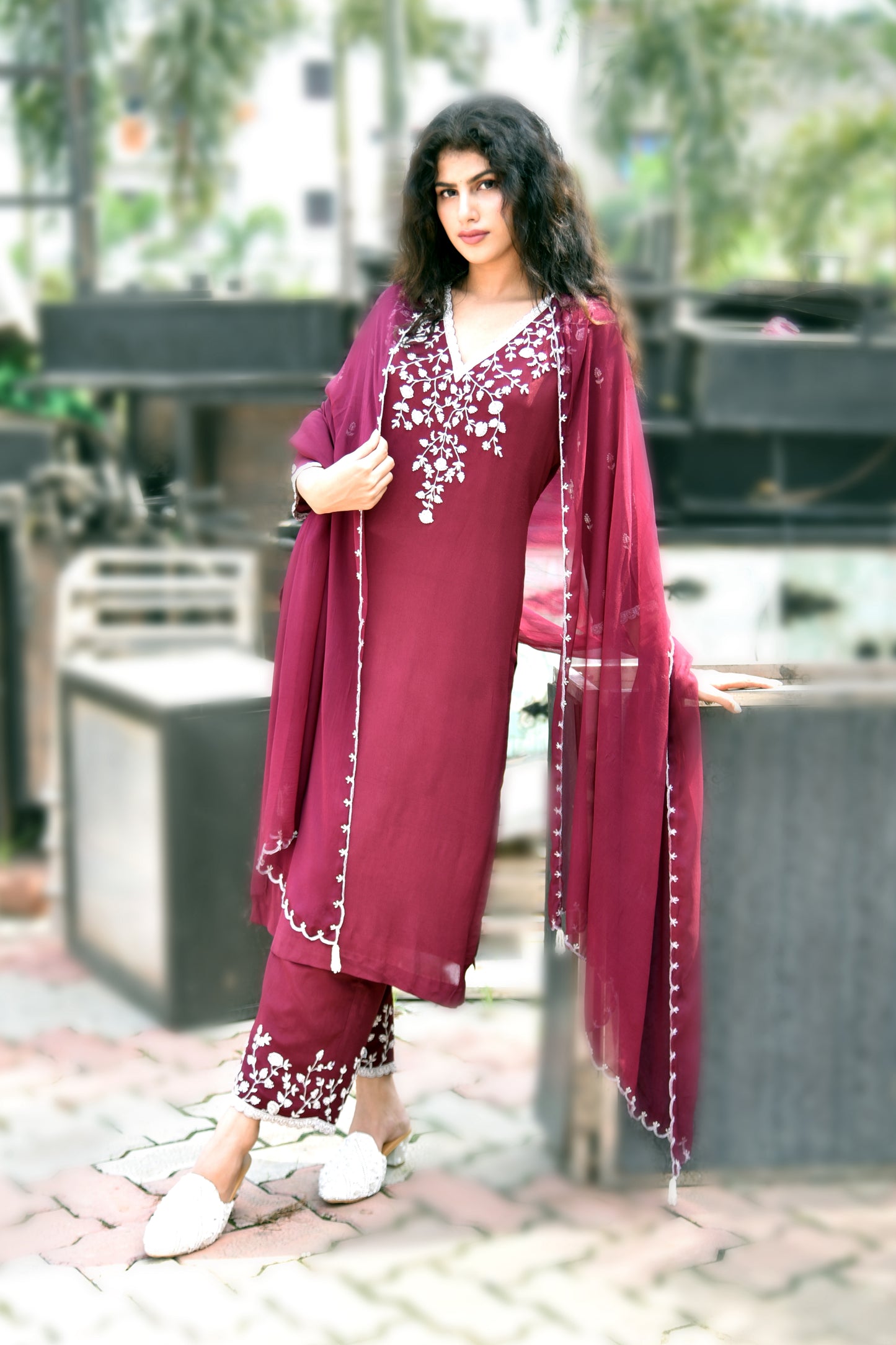 Merlot Wine Pearl & Zardozi work Hand Embroidered Kurti set