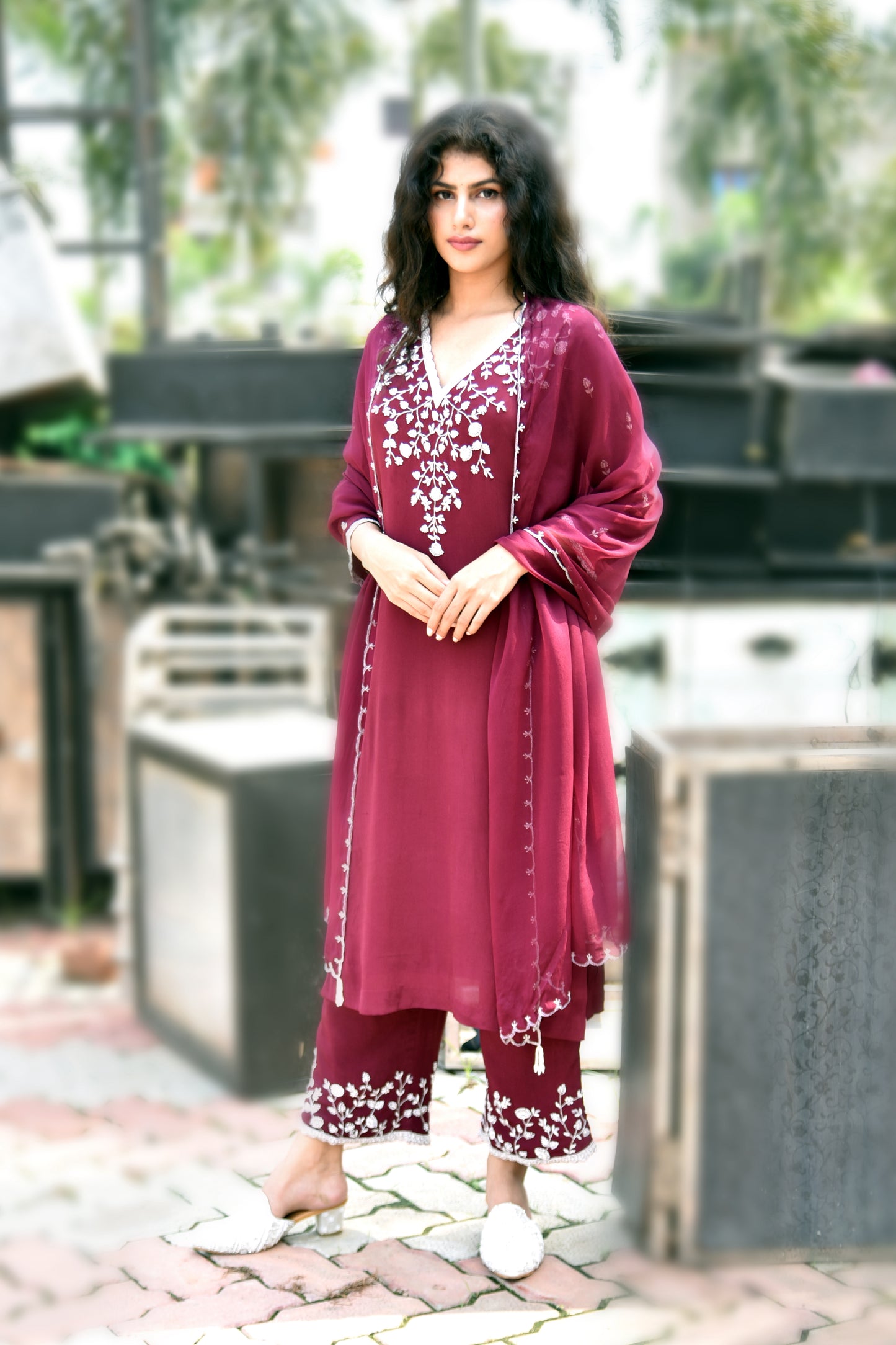 Merlot Wine Pearl & Zardozi work Hand Embroidered Kurti set
