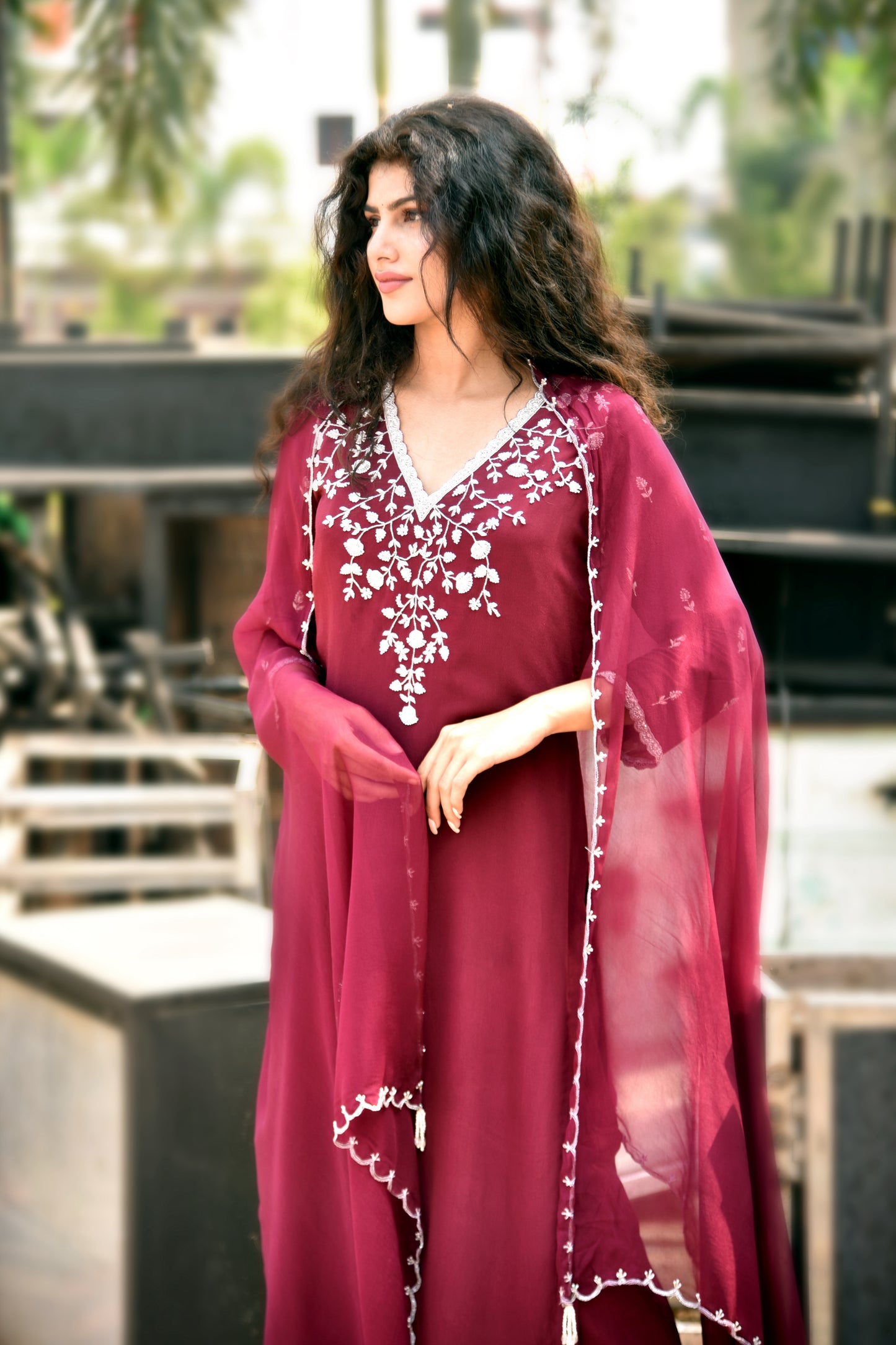 Merlot Wine Pearl & Zardozi work Hand Embroidered Kurti set