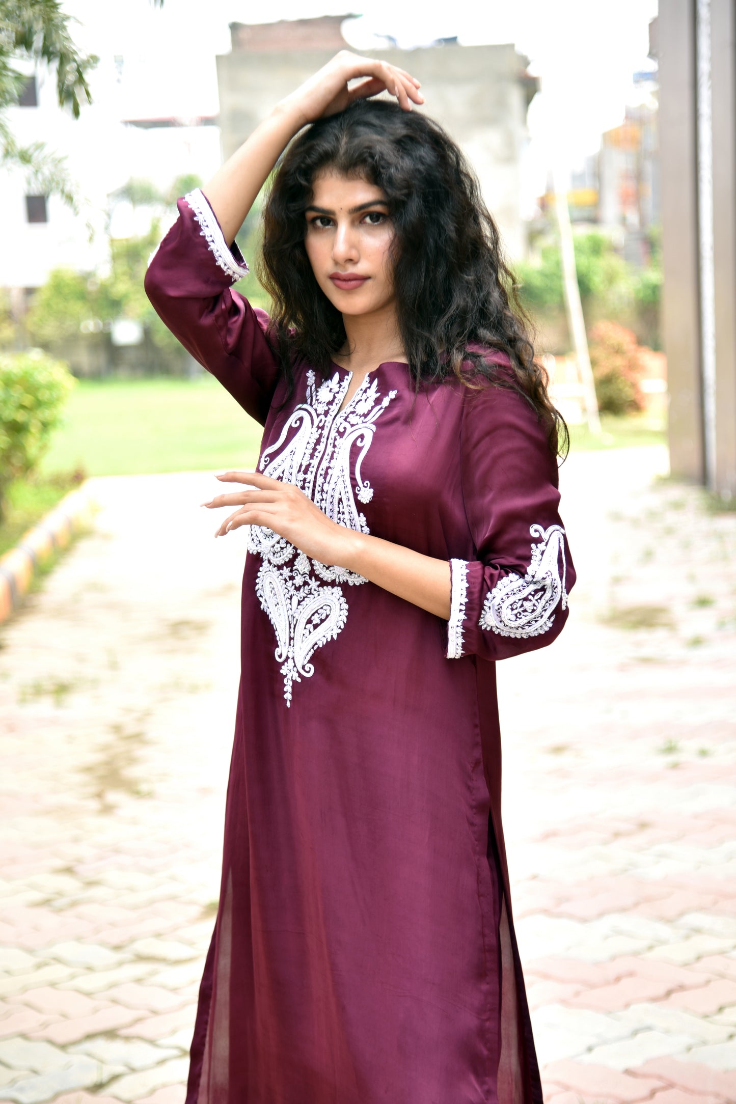 Sangria Satin Pearl and Resham Hand Embroidered Kurti set