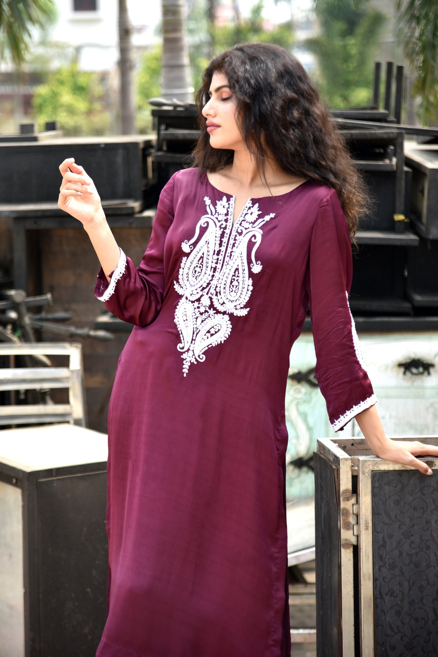 Sangria Satin Pearl and Resham Hand Embroidered Kurti set