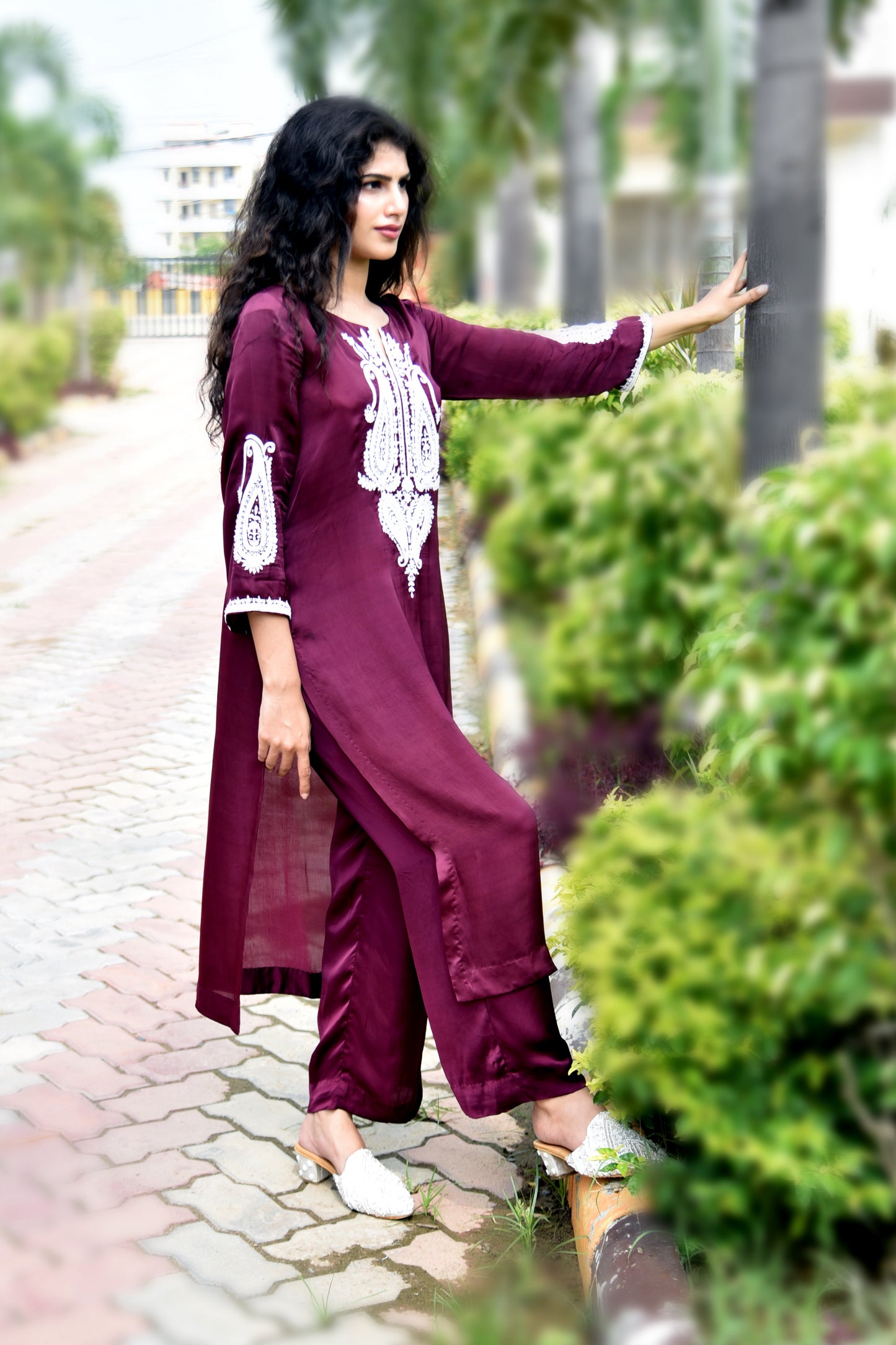Sangria Satin Pearl and Resham Hand Embroidered Kurti set