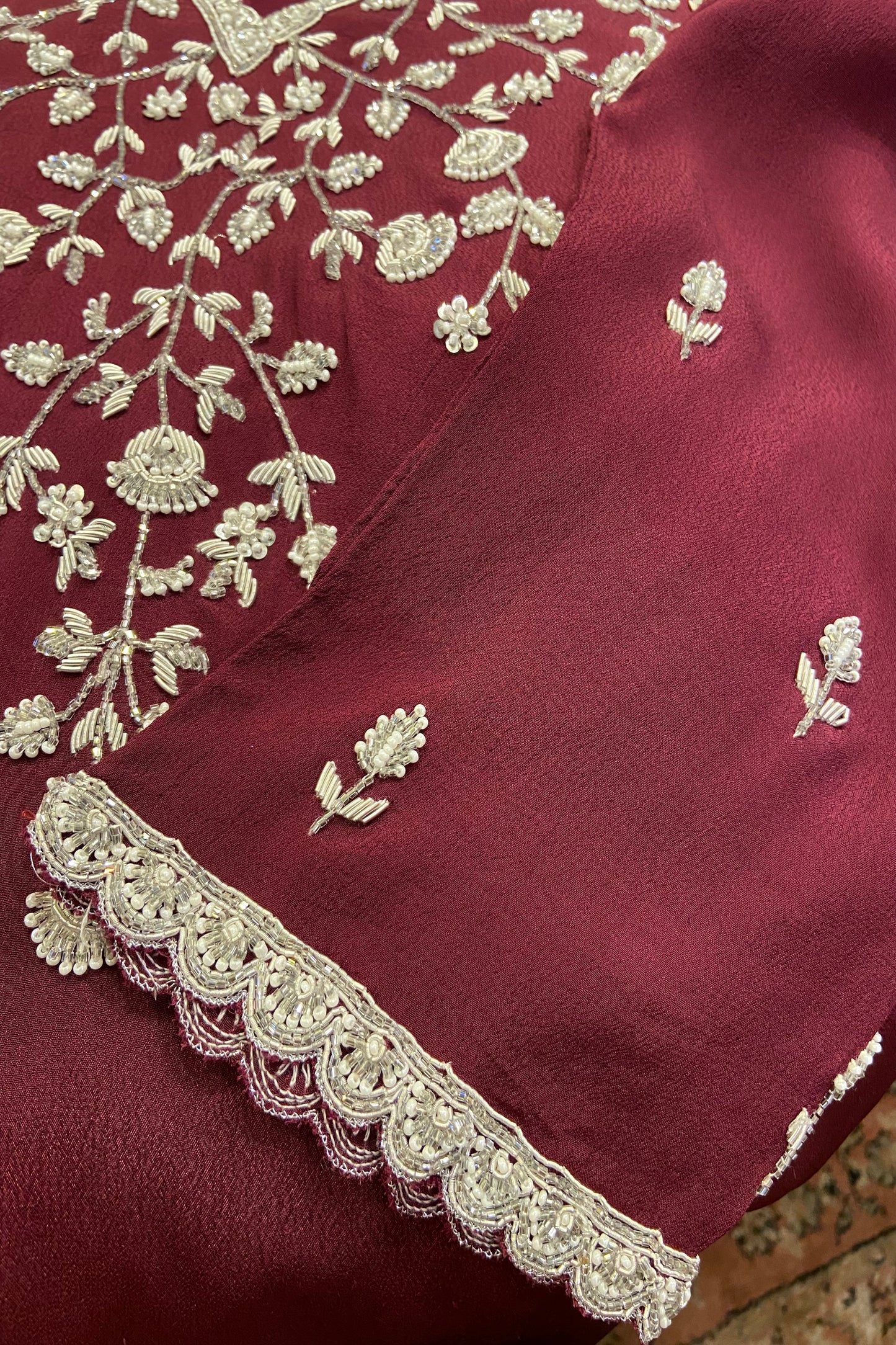 Merlot Wine Pearl & Zardozi work Hand Embroidered Kurti set
