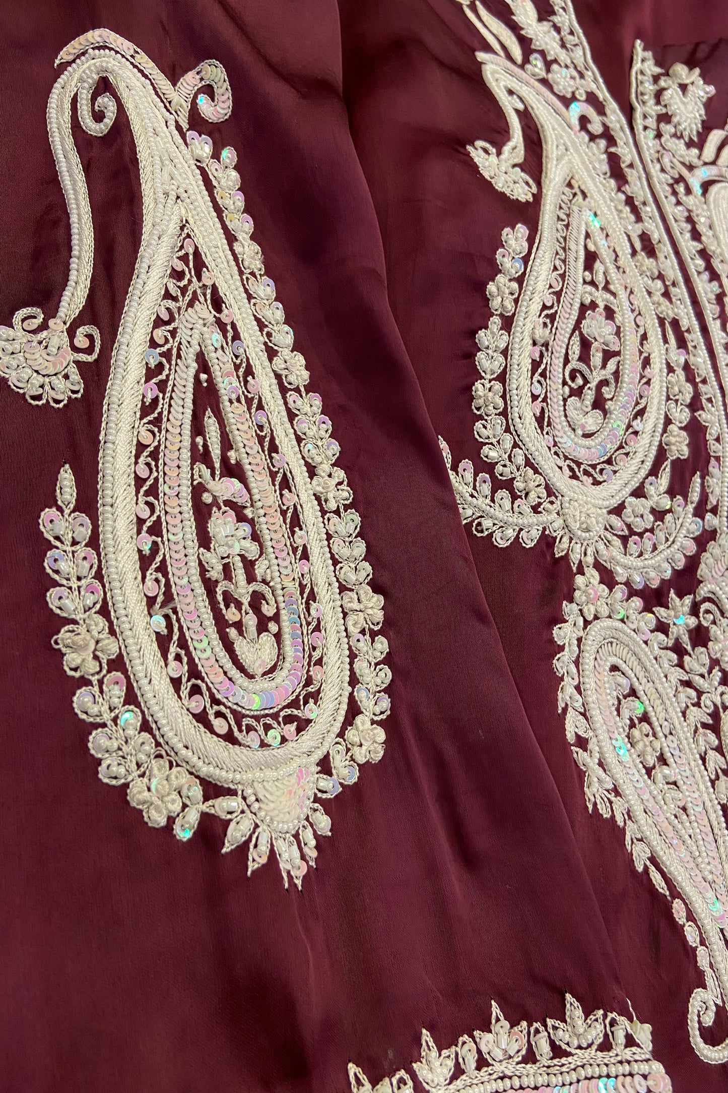 Sangria Satin Pearl and Resham Hand Embroidered Kurti set