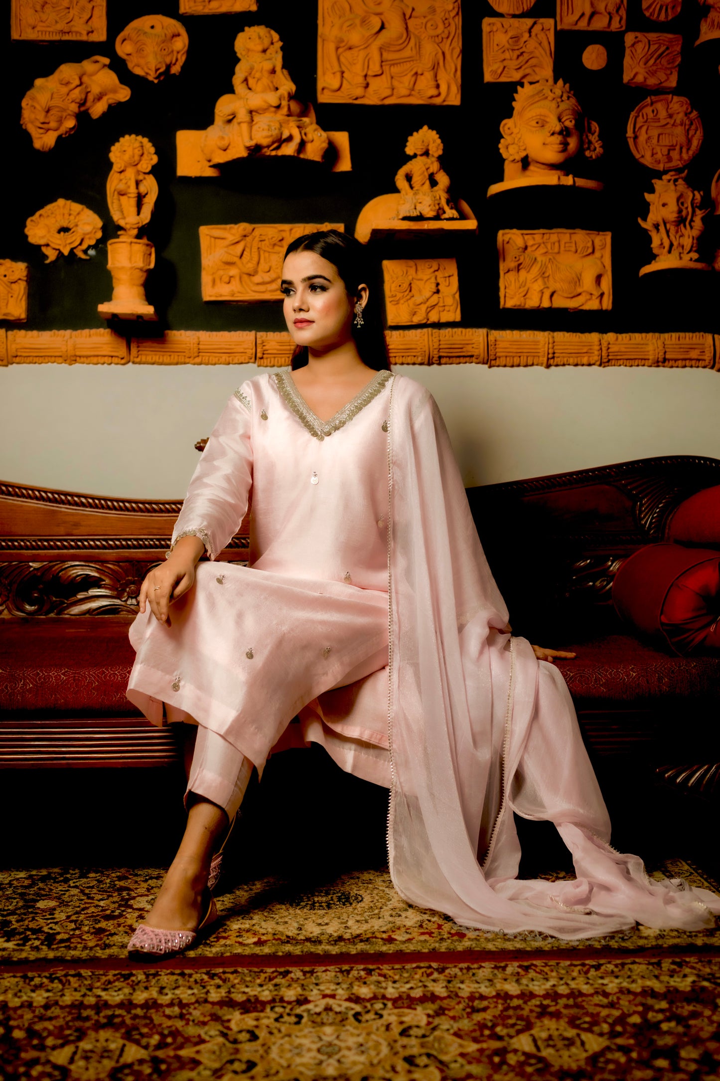 Pastel Pink Silver Coin Embroidered Kurti Set