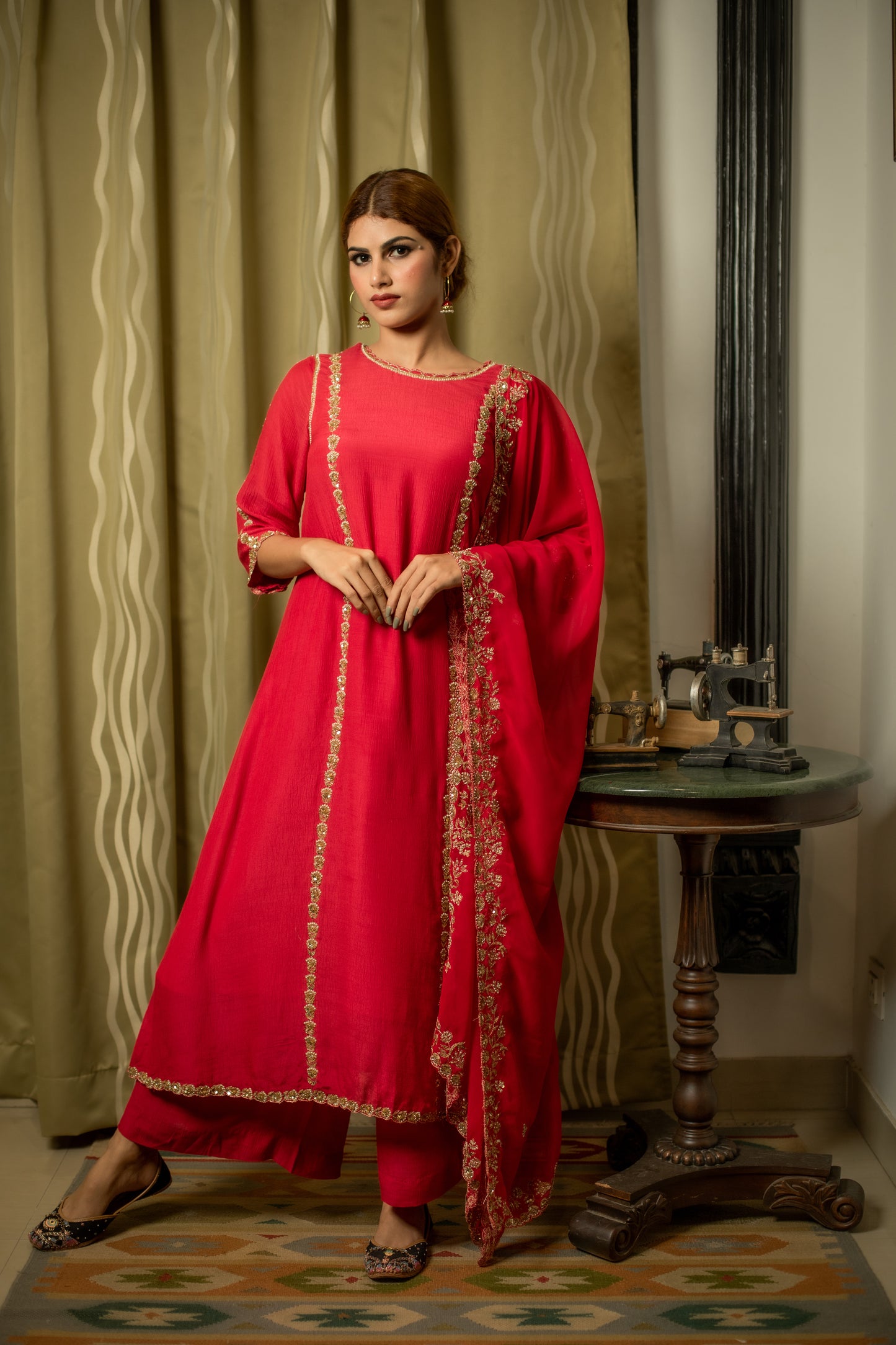 Scarlet Red Hand Embroidered Kurti Set