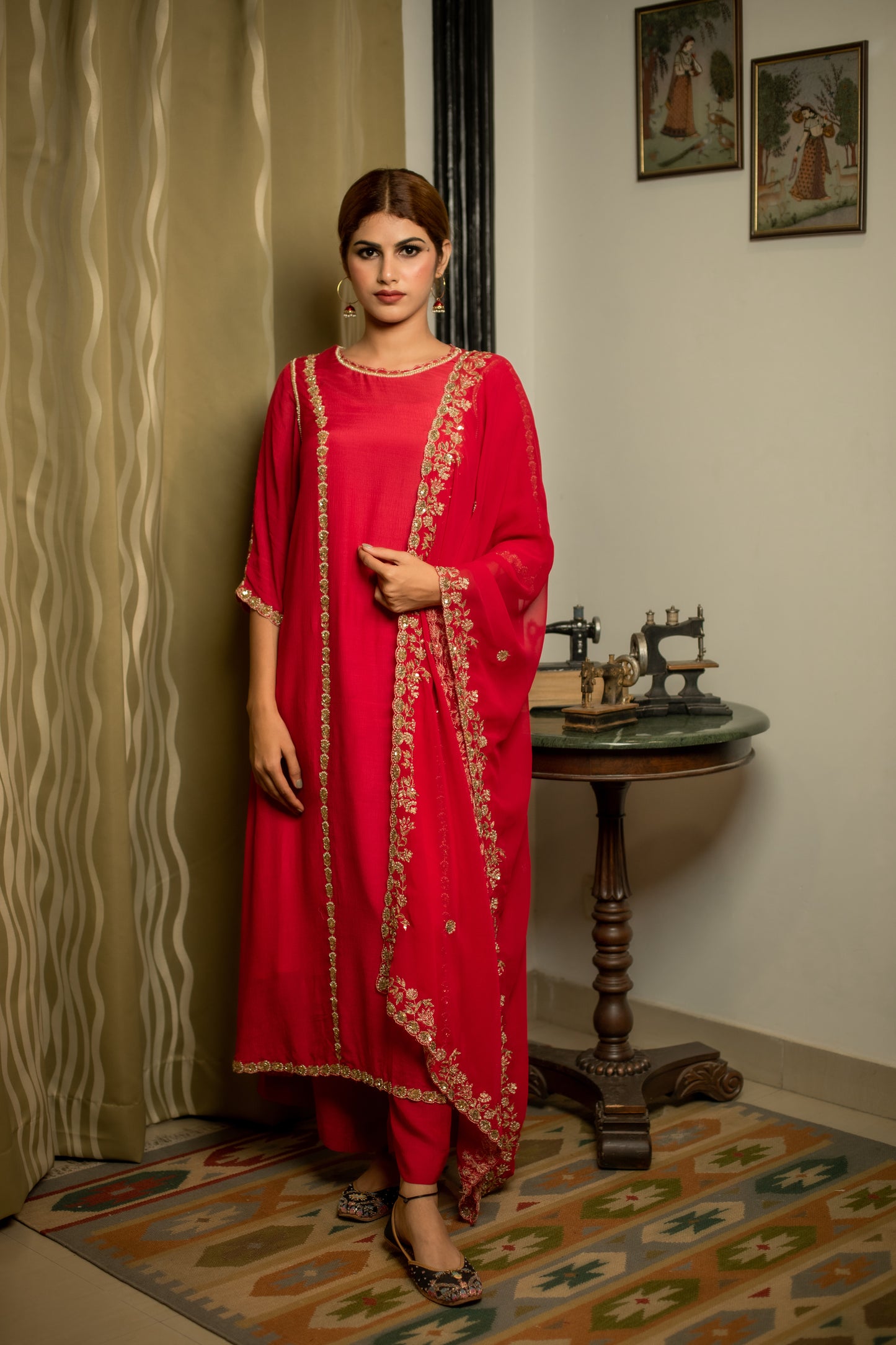 Scarlet Red Hand Embroidered Kurti Set
