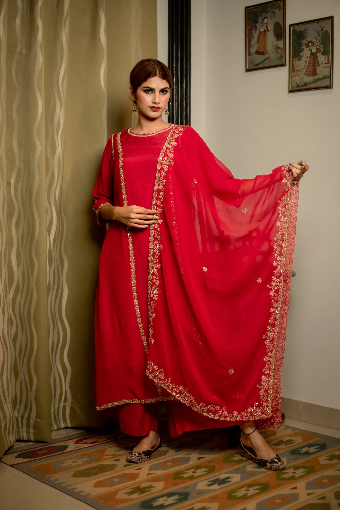 Scarlet Red Hand Embroidered Kurti Set