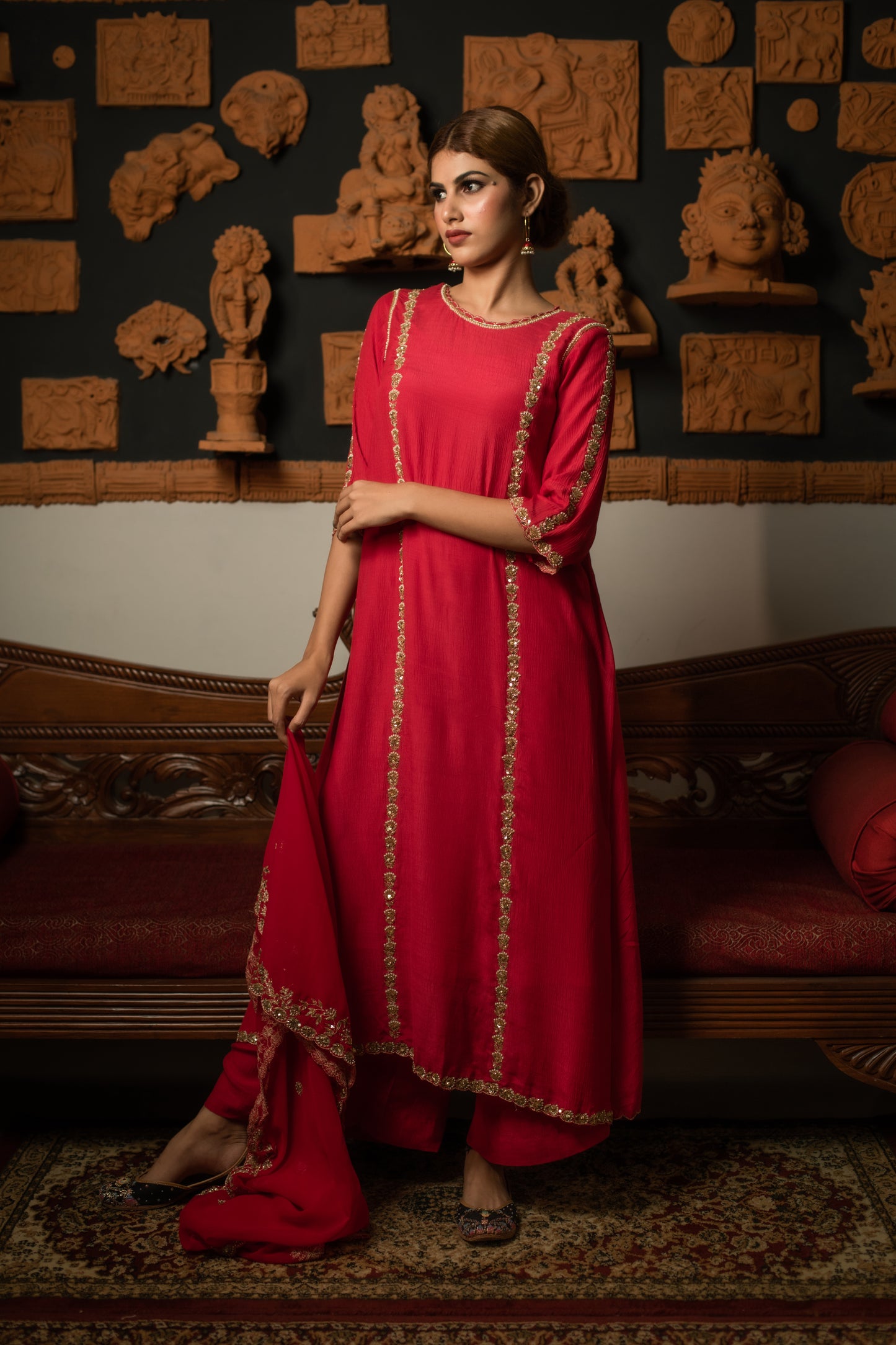 Scarlet Red Hand Embroidered Kurti Set