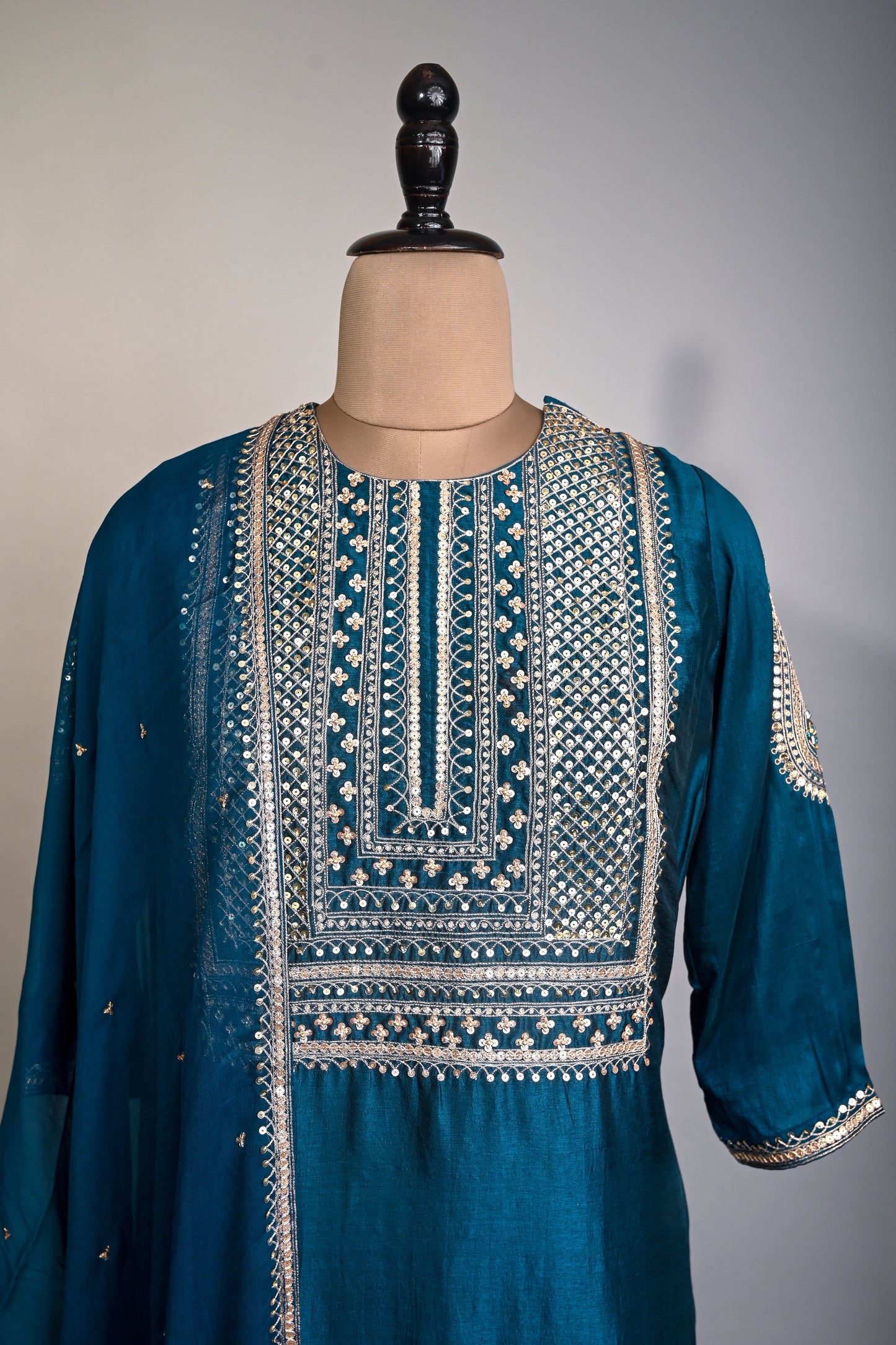 Peacock Blue Hand Embroidered Silk Kurti set