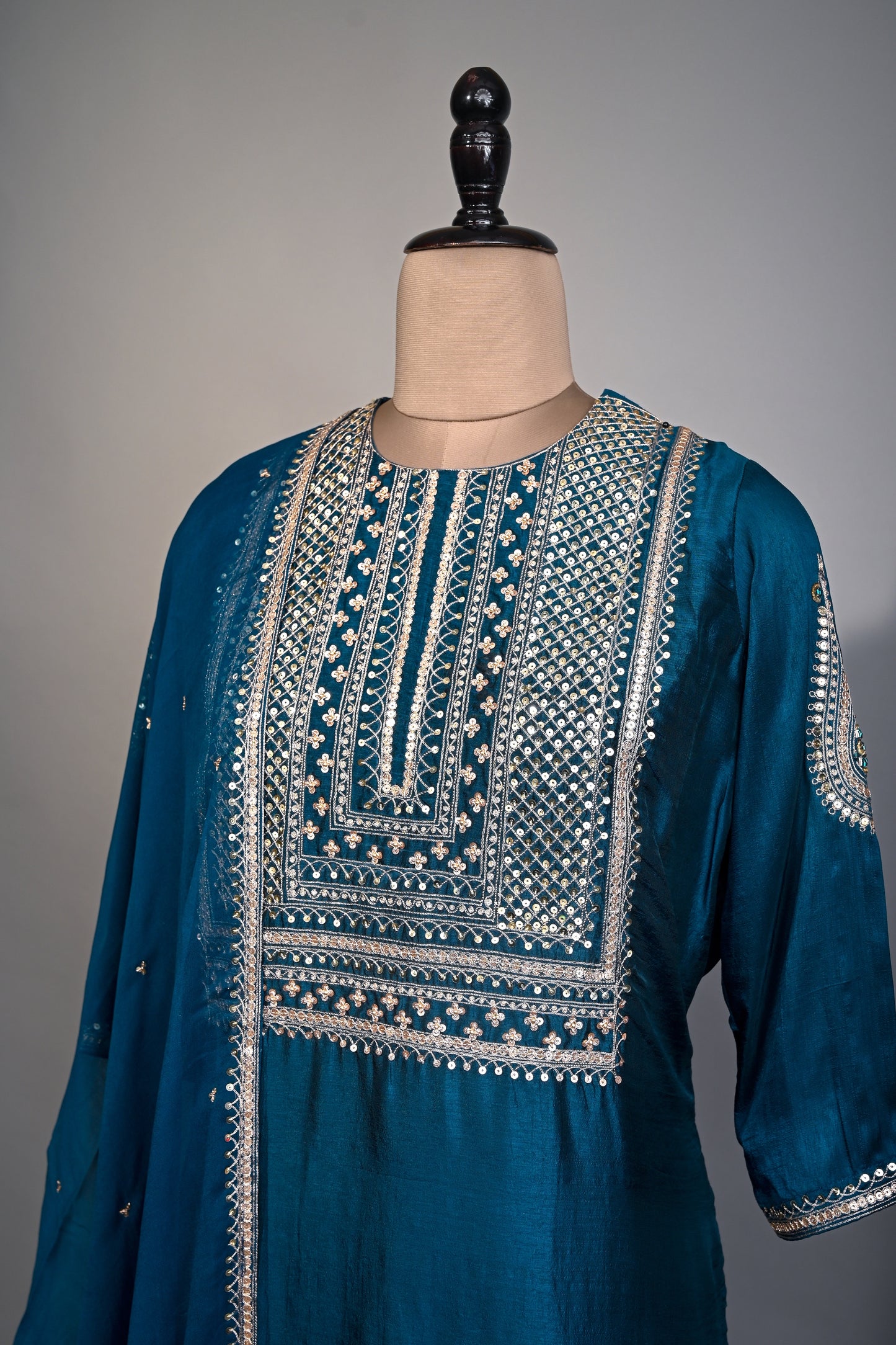 Peacock Blue Hand Embroidered Silk Kurti set