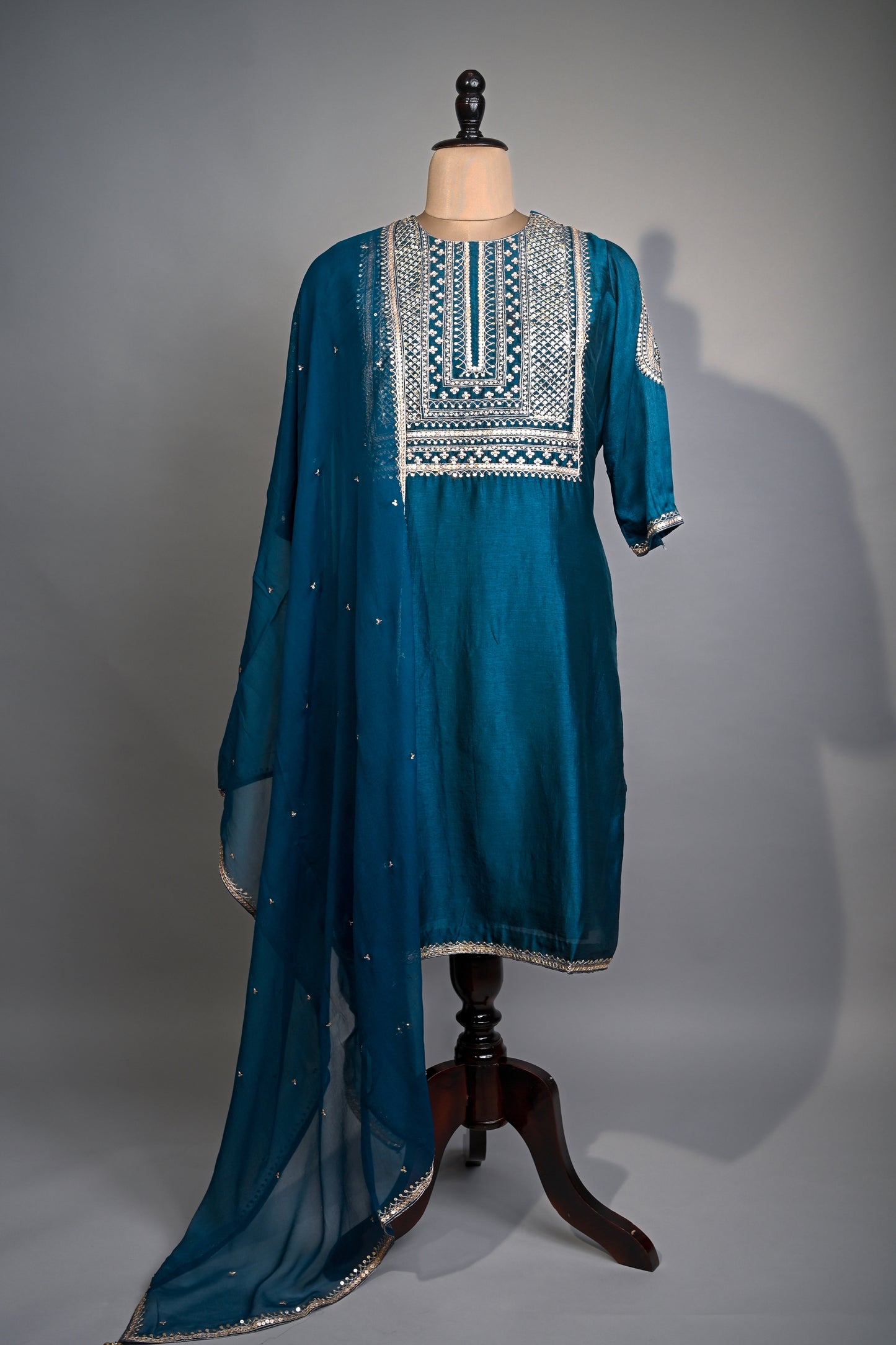 Peacock Blue Hand Embroidered Silk Kurti set