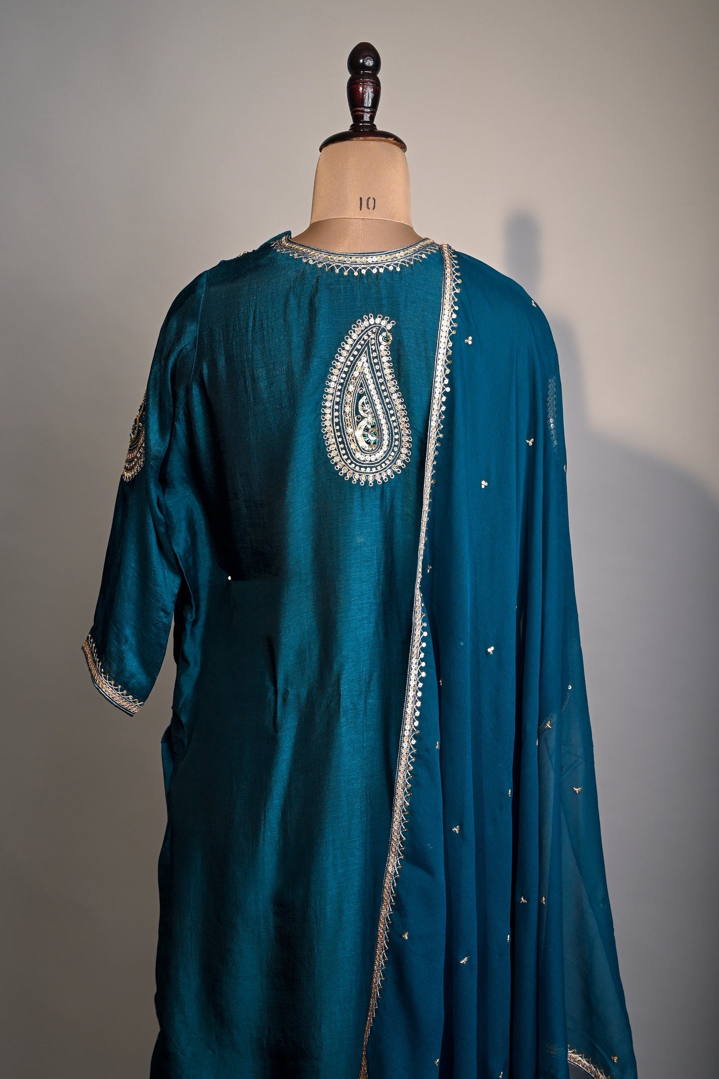 Peacock Blue Hand Embroidered Silk Kurti set
