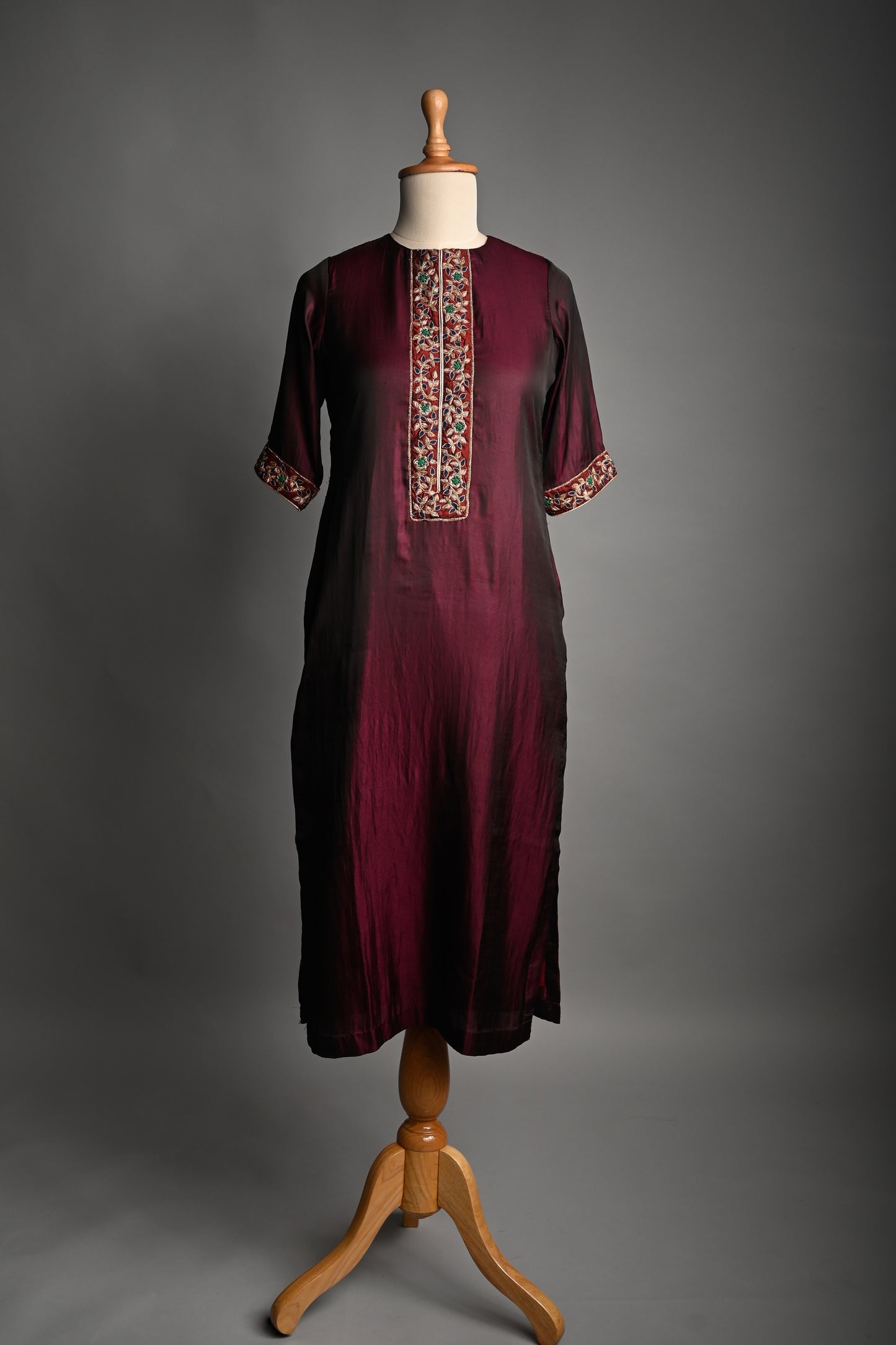 Wine colour Hand Embroidered Silk Kurti set