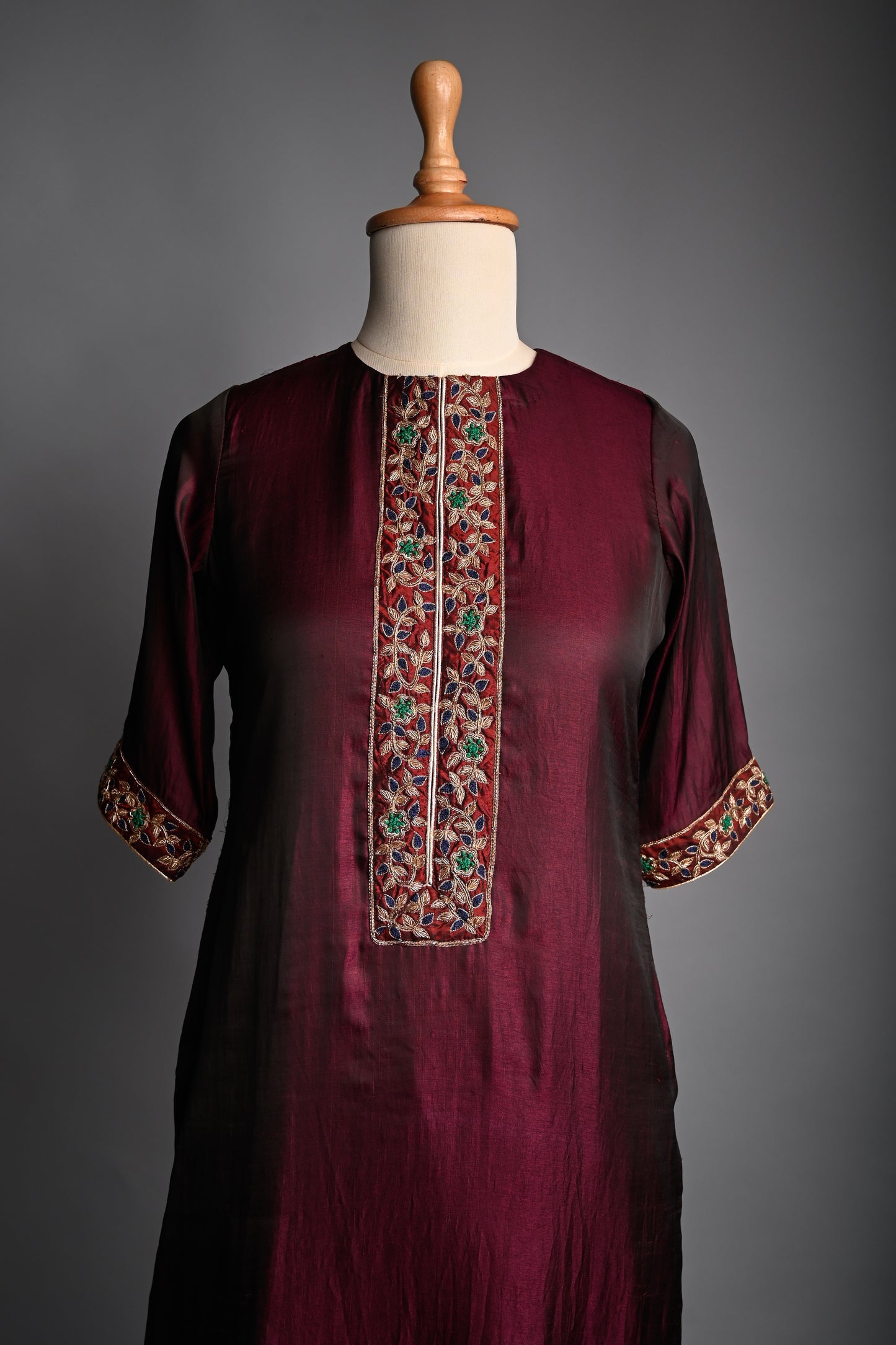Wine colour Hand Embroidered Silk Kurti set