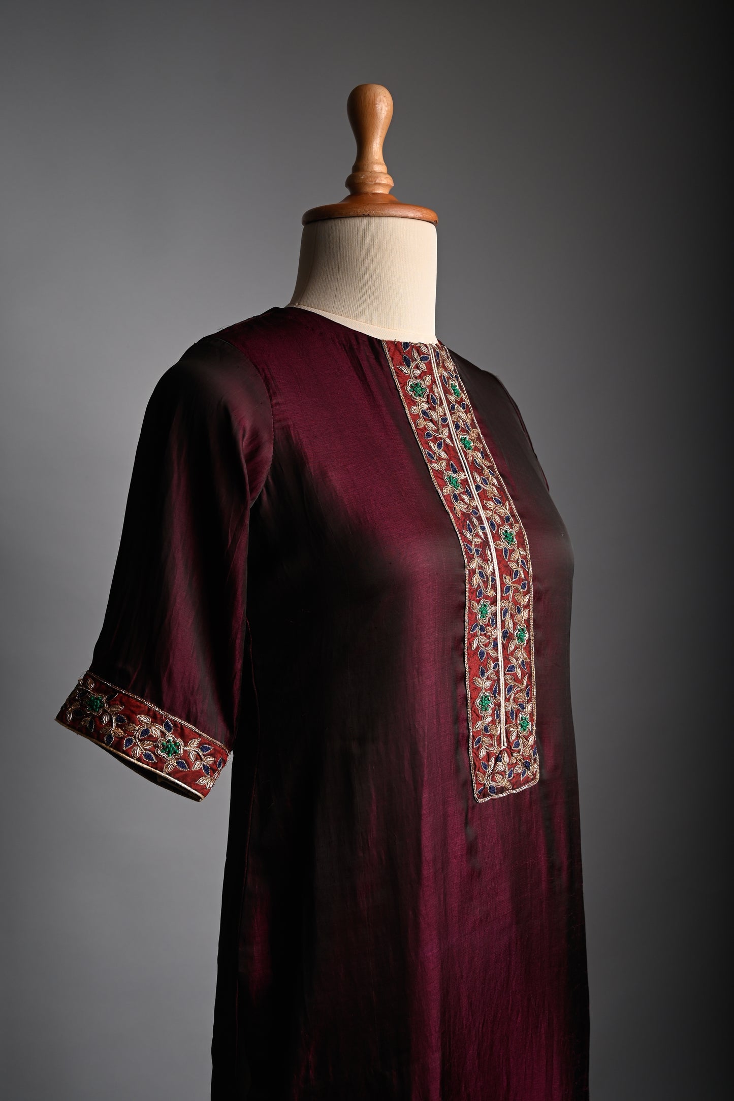 Wine colour Hand Embroidered Silk Kurti set