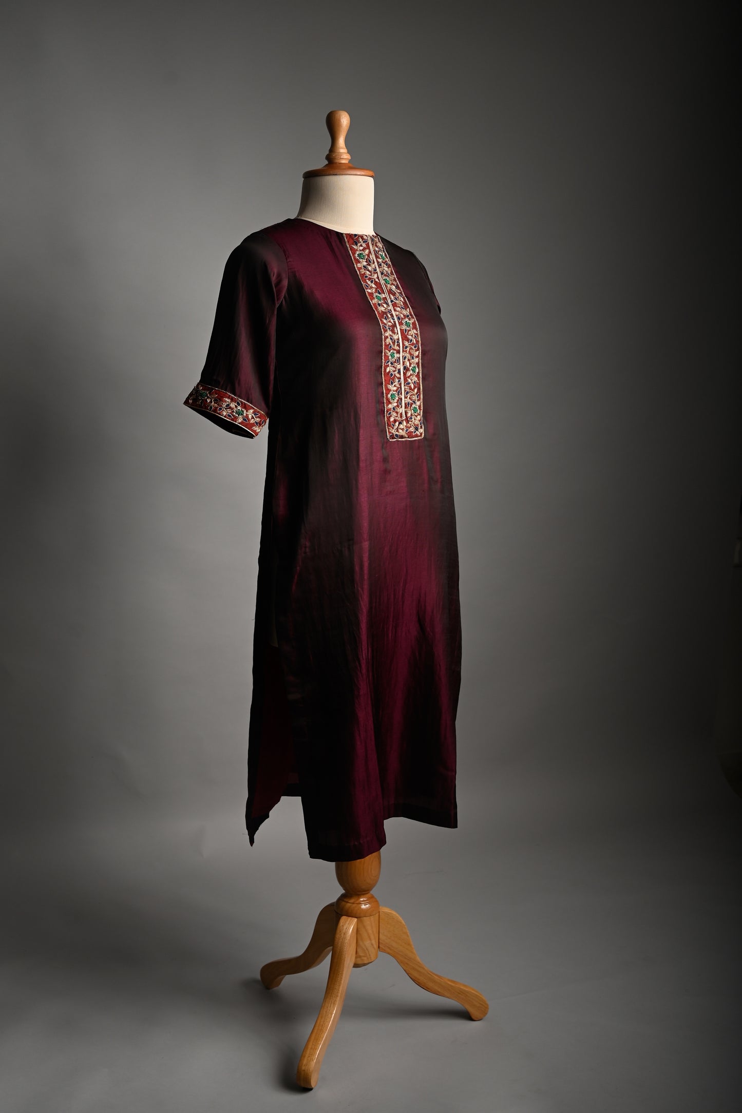 Wine colour Hand Embroidered Silk Kurti set