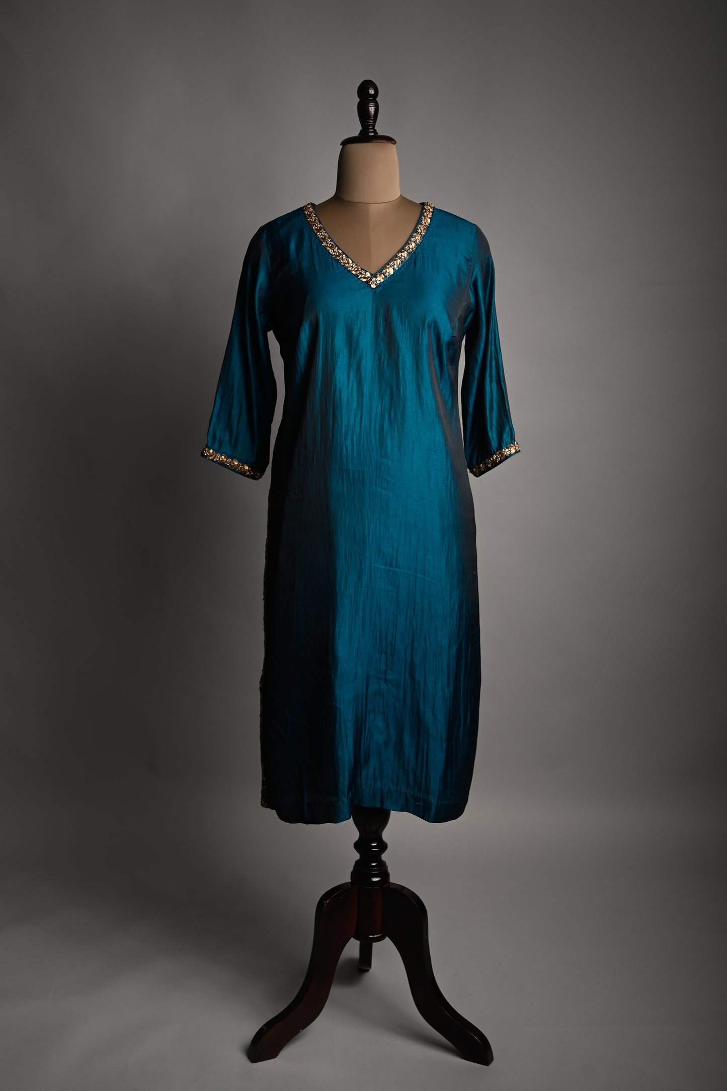 Midnight Blue Hand Embroidered Silk Kurti Set