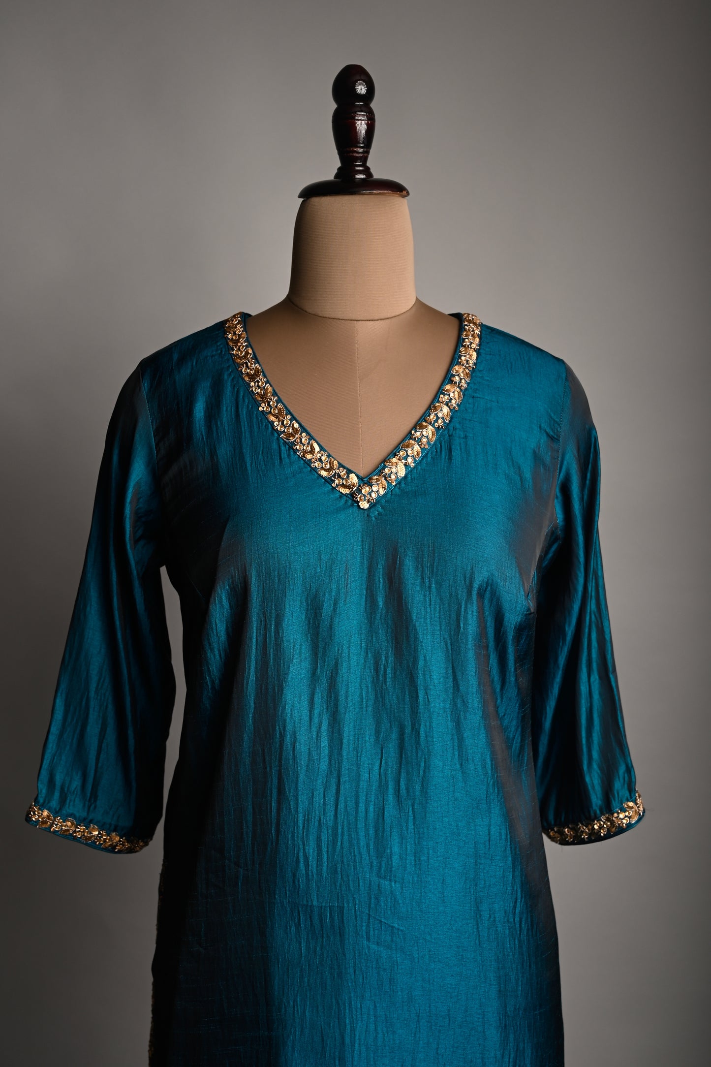 Midnight Blue Hand Embroidered Silk Kurti Set