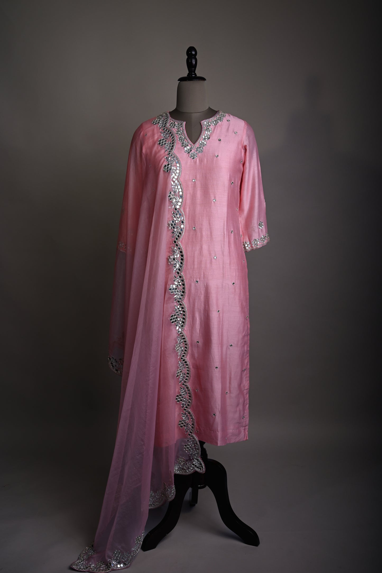 Rose Pink Mirror Work Hand Embroidered Kurti Set