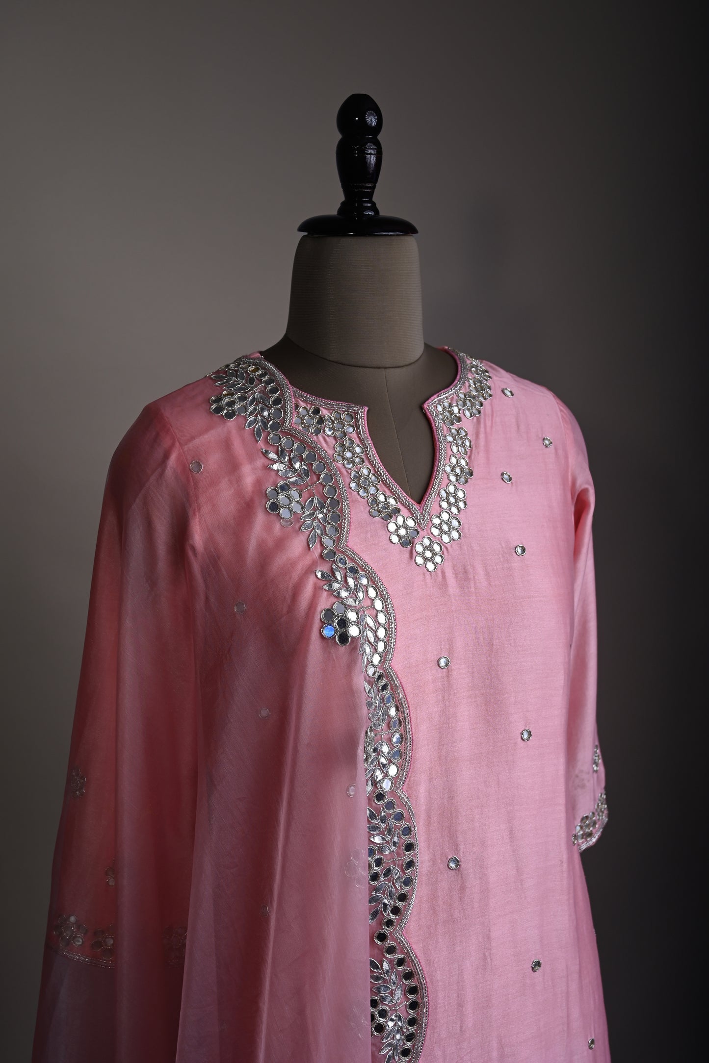 Rose Pink Mirror Work Hand Embroidered Kurti Set