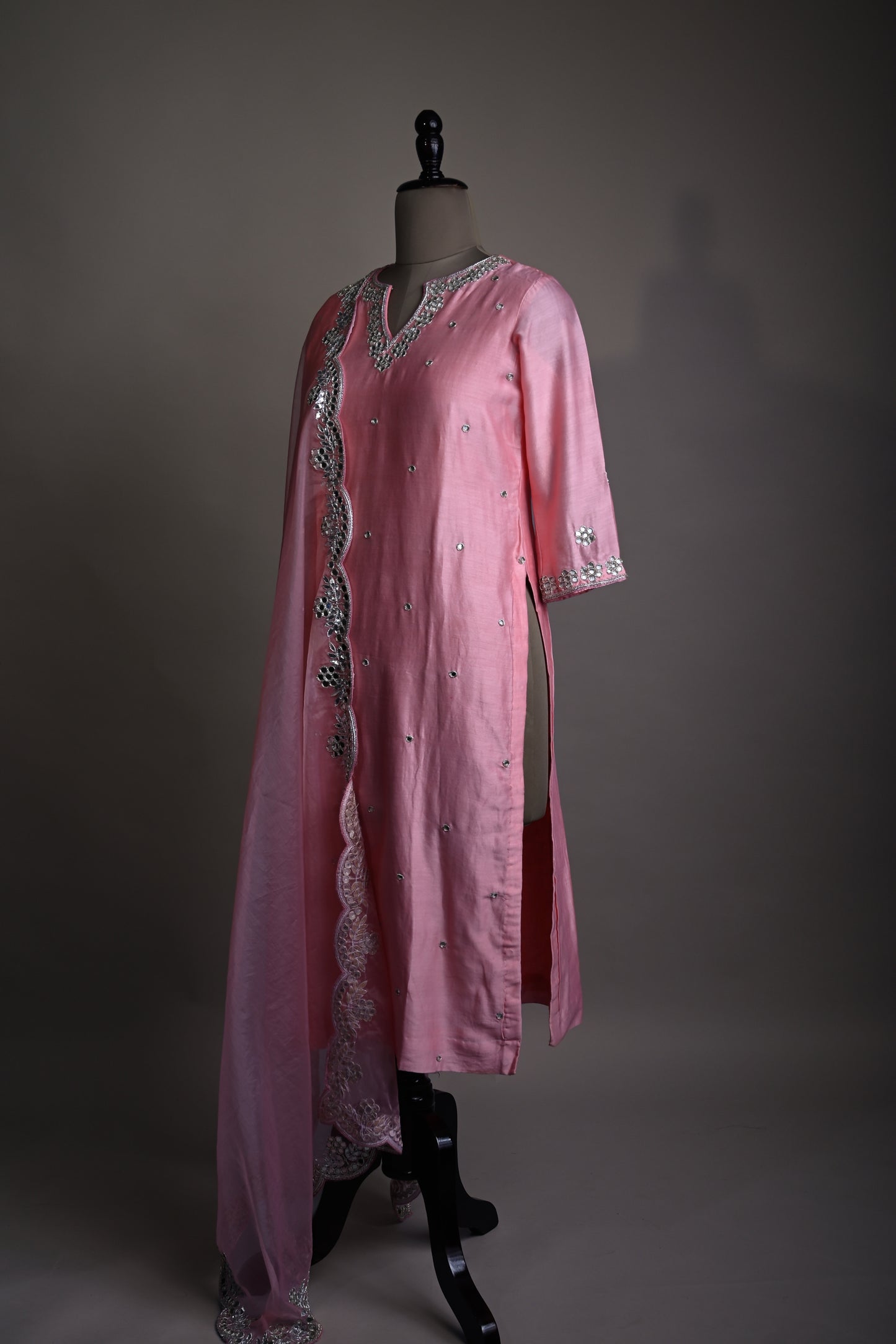 Rose Pink Mirror Work Hand Embroidered Kurti Set