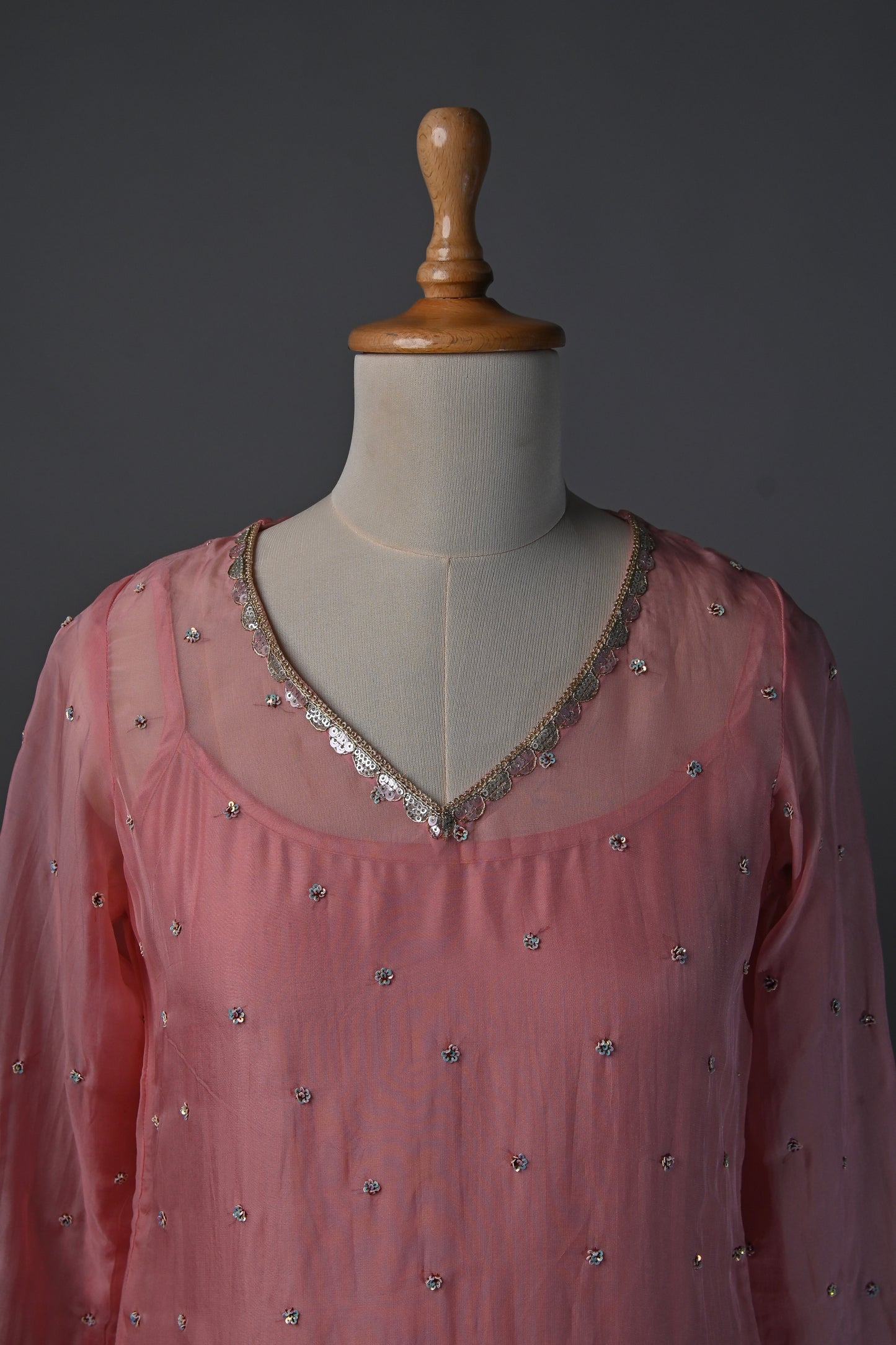 Old Rose Pink Organza Hand Embroidered Kurti