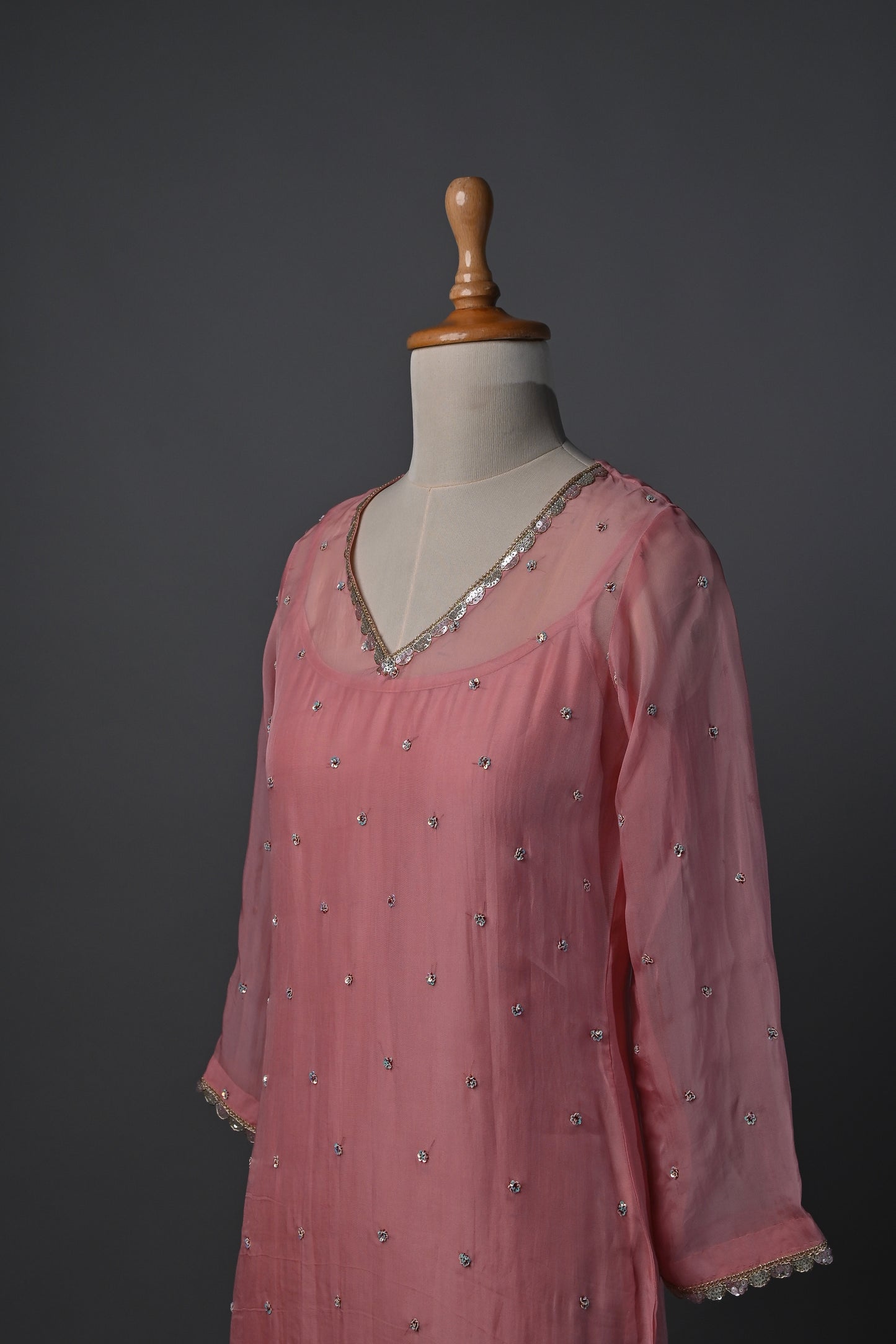 Old Rose Pink Organza Hand Embroidered Kurti