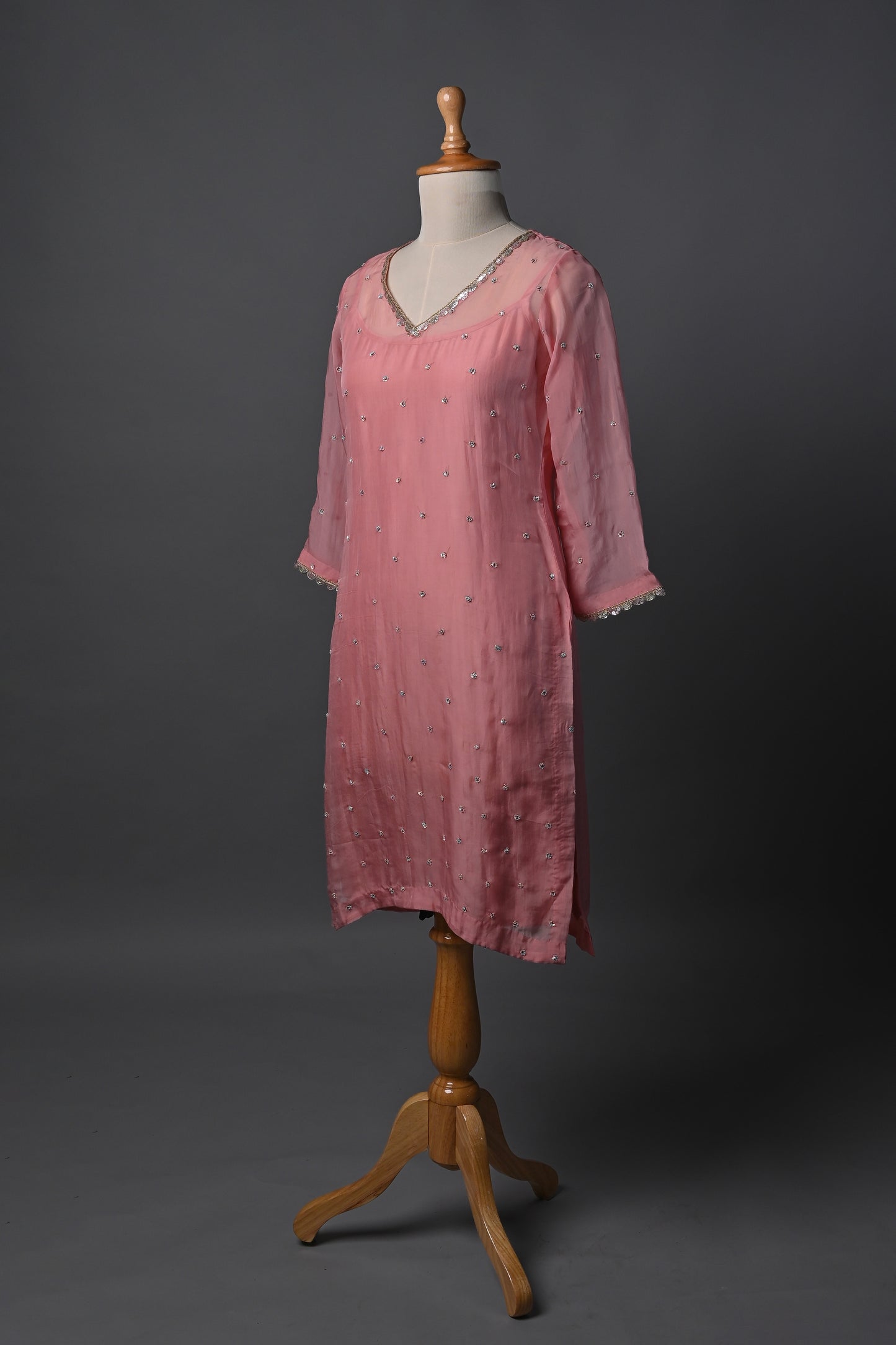 Old Rose Pink Organza Hand Embroidered Kurti