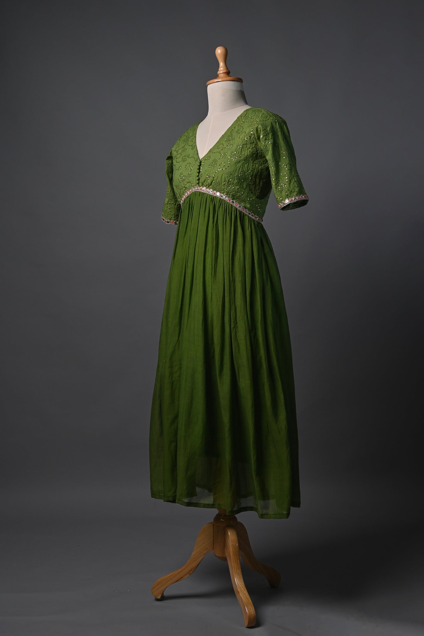 Green Threadwork with Multi Lace Dress