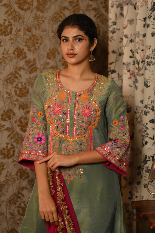 Sea Green Tissue Hand Embroidered suit set