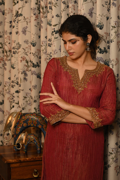 Brick Red Crushed Tissue Hand Embroidered suit set