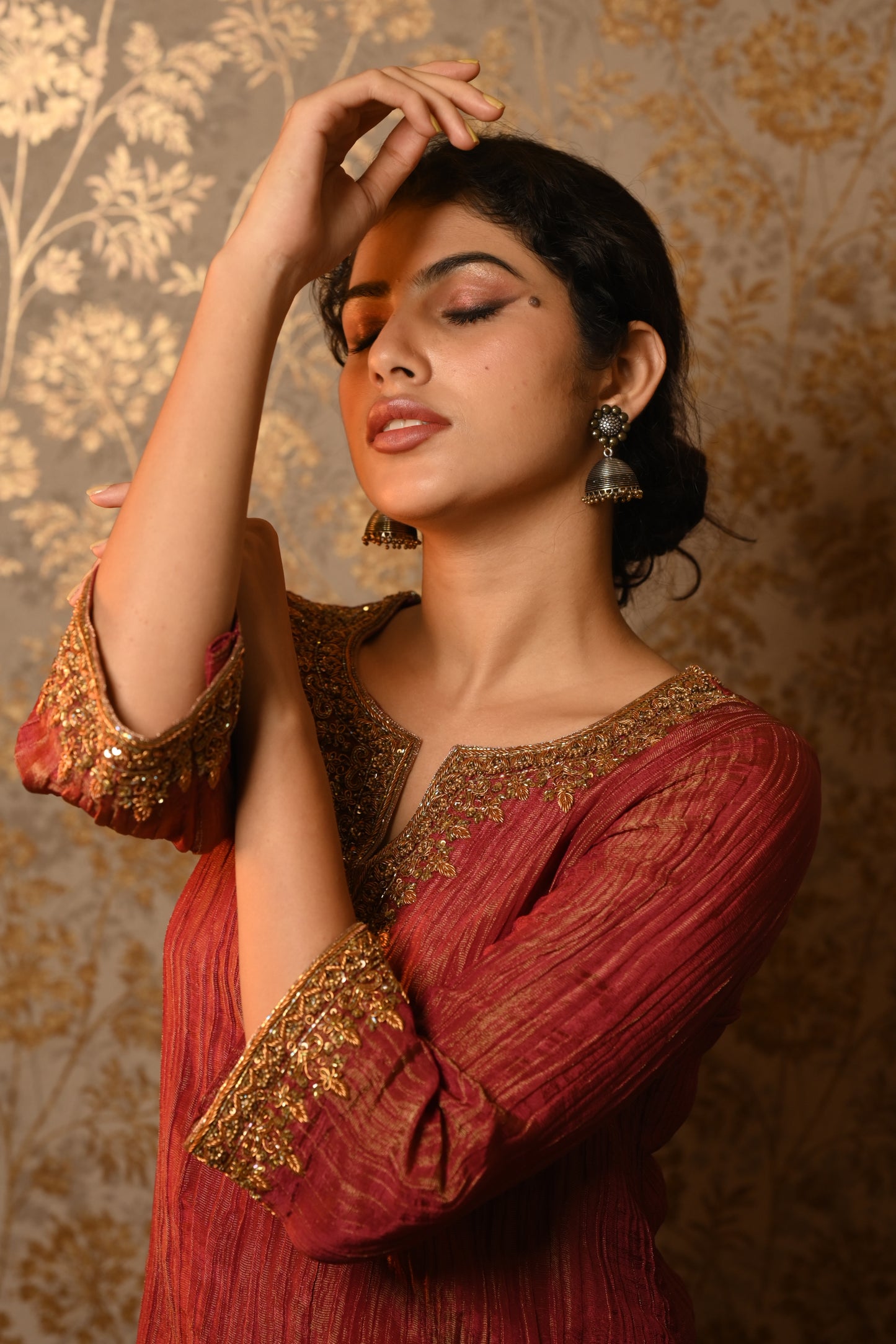 Brick Red Crushed Tissue Hand Embroidered suit set