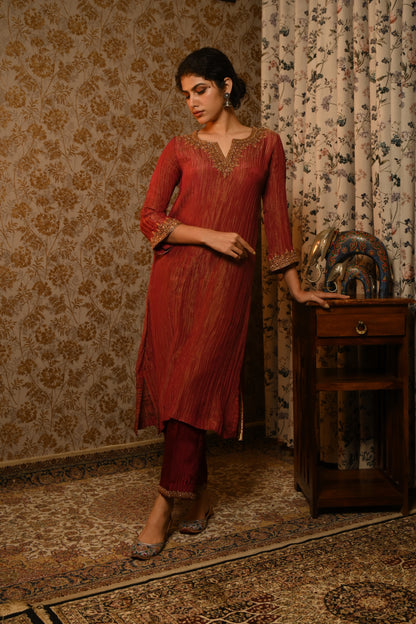 Brick Red Crushed Tissue Hand Embroidered suit set