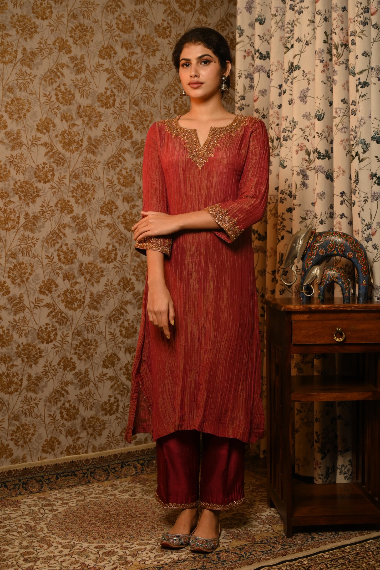 Brick Red Crushed Tissue Hand Embroidered suit set