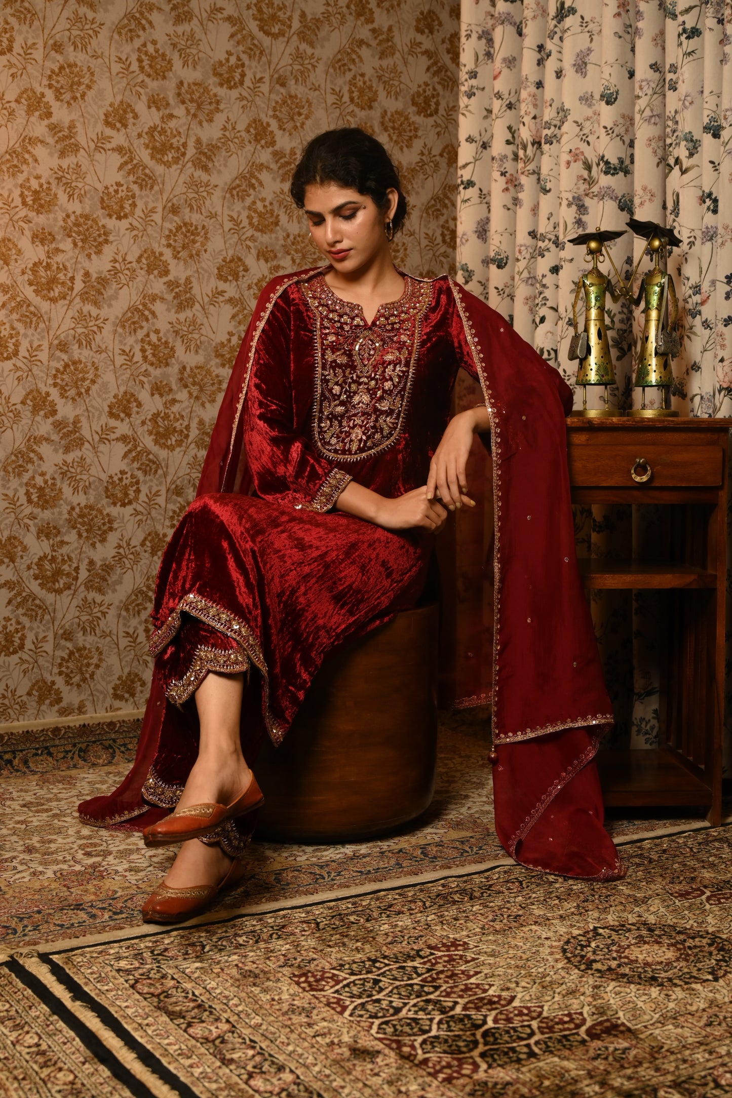 Royal Maroon Velvet Hand Embroidered suit set