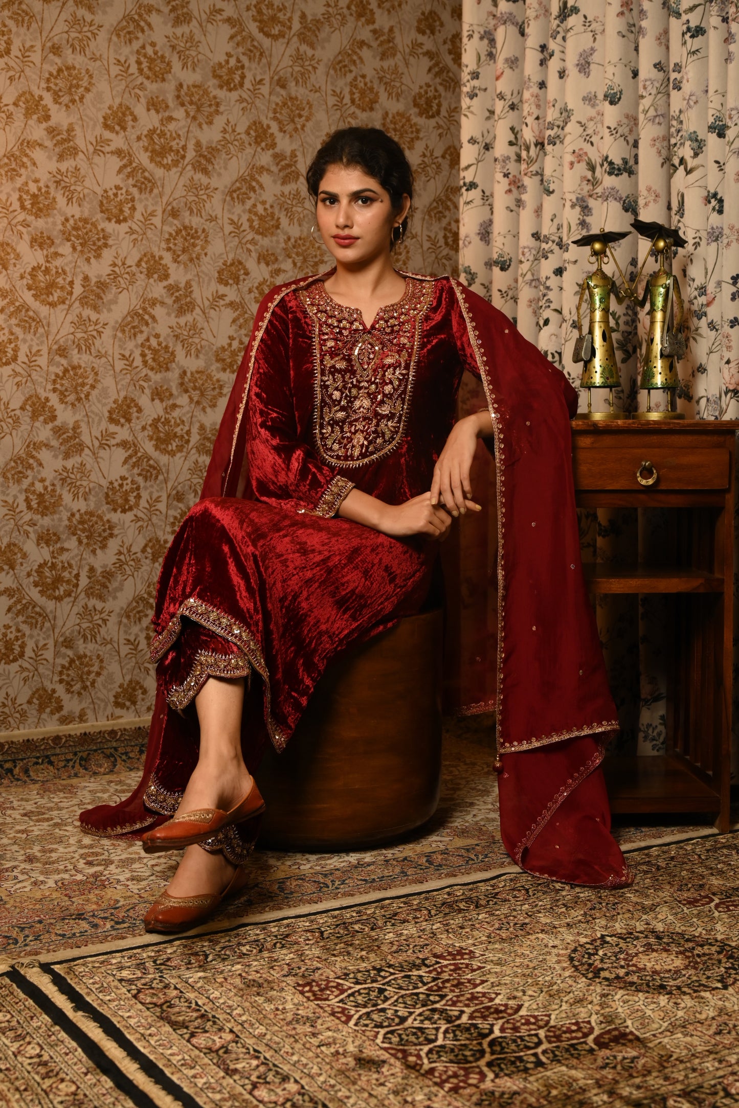 Royal Maroon Velvet Hand Embroidered suit set