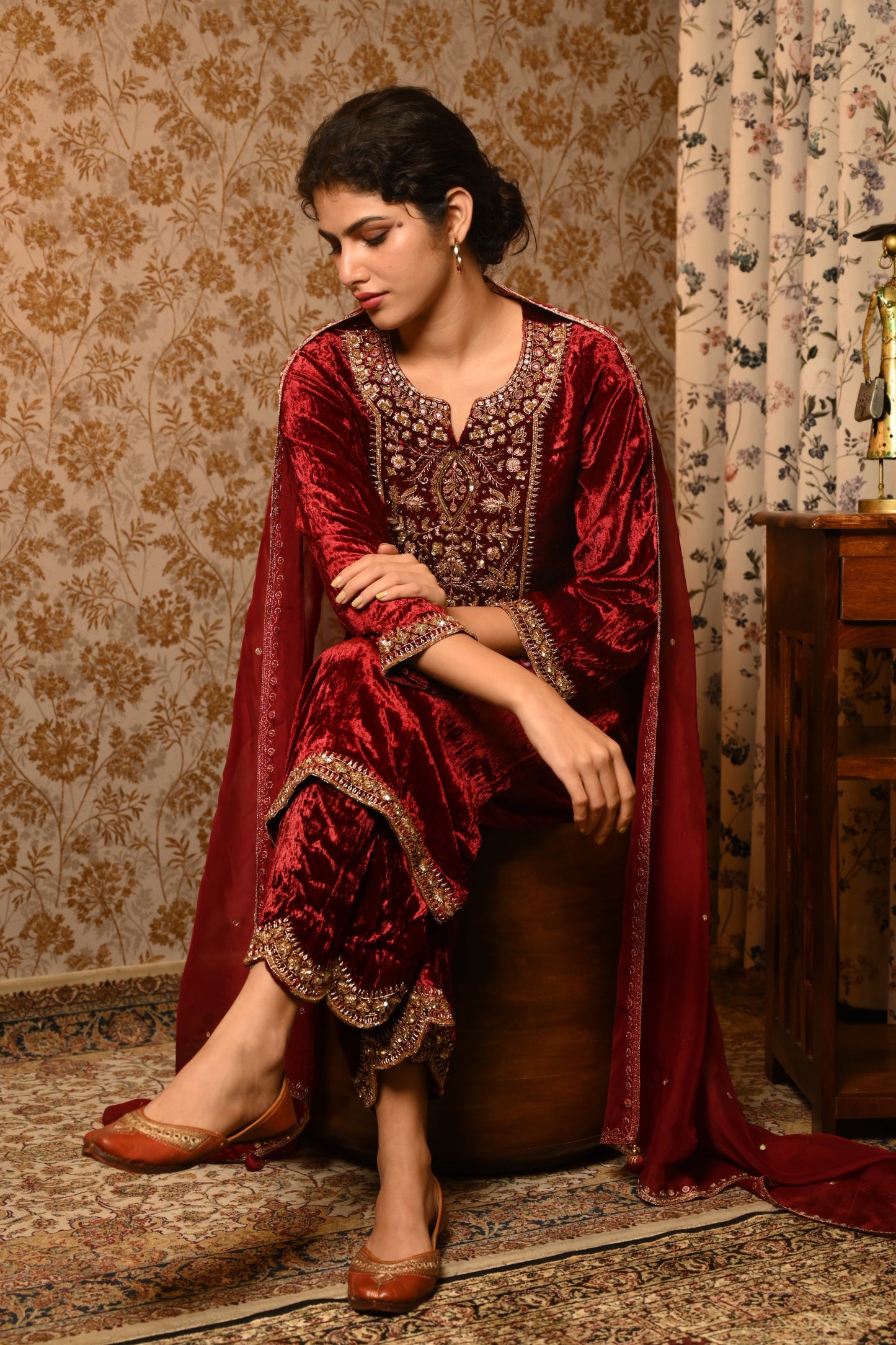 Royal Maroon Velvet Hand Embroidered suit set