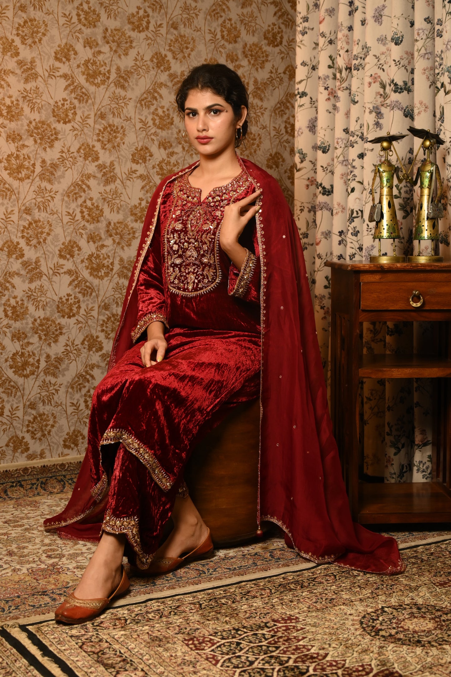 Royal Maroon Velvet Hand Embroidered suit set