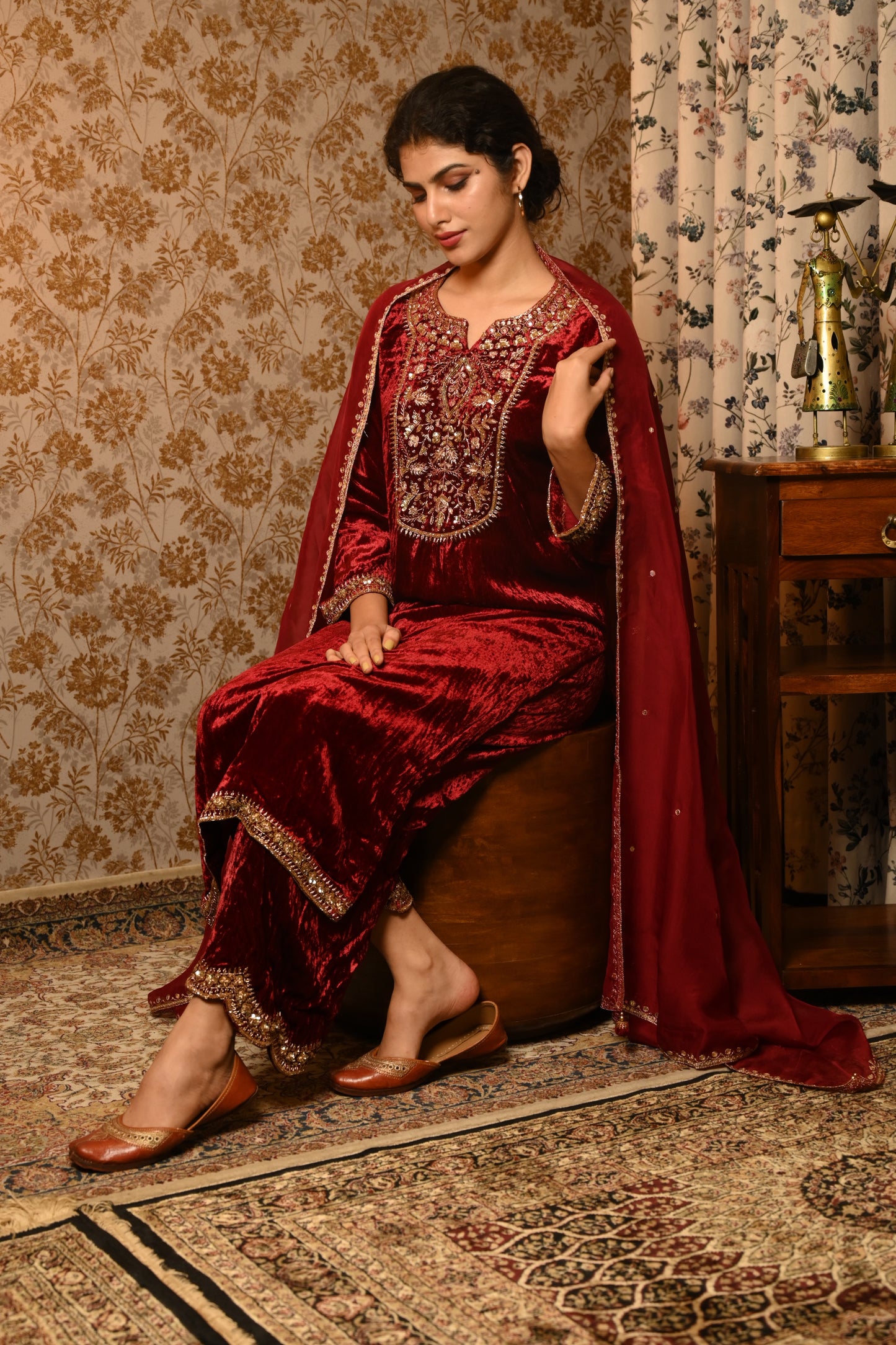 Royal Maroon Velvet Hand Embroidered suit set