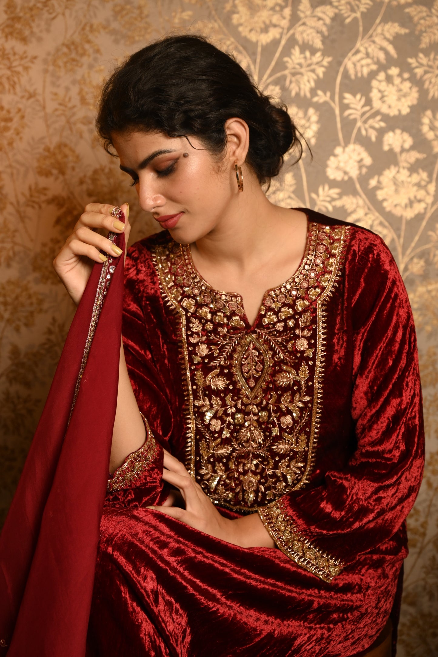 Royal Maroon Velvet Hand Embroidered suit set