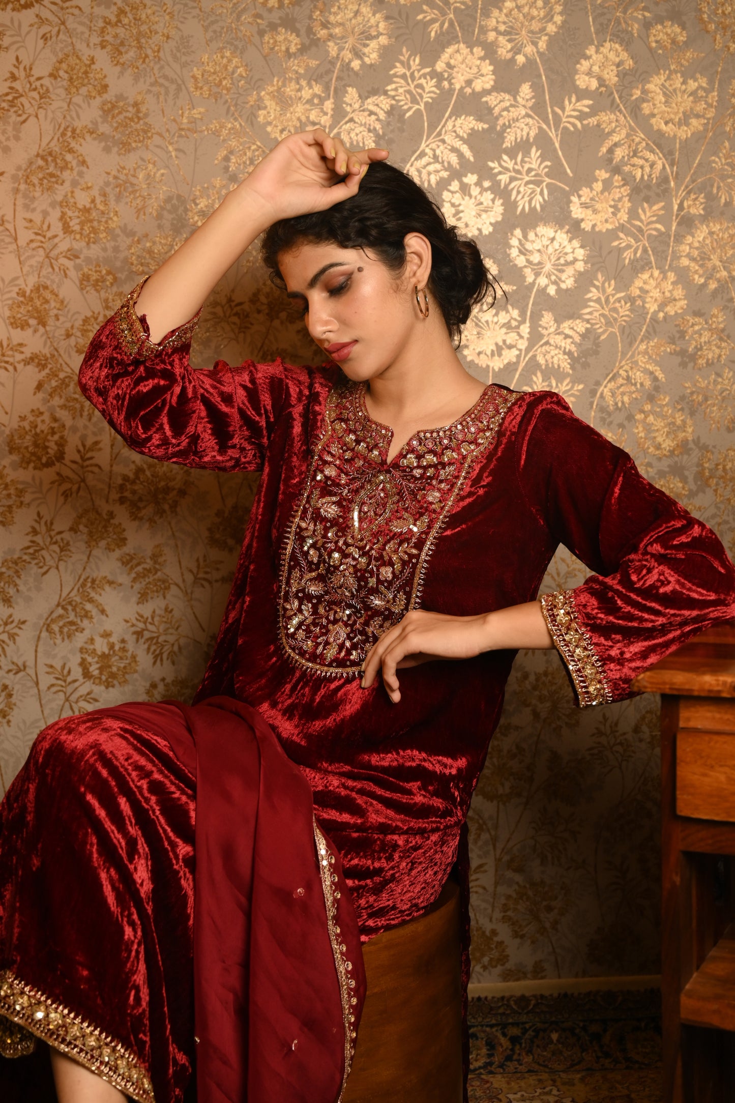 Royal Maroon Velvet Hand Embroidered suit set