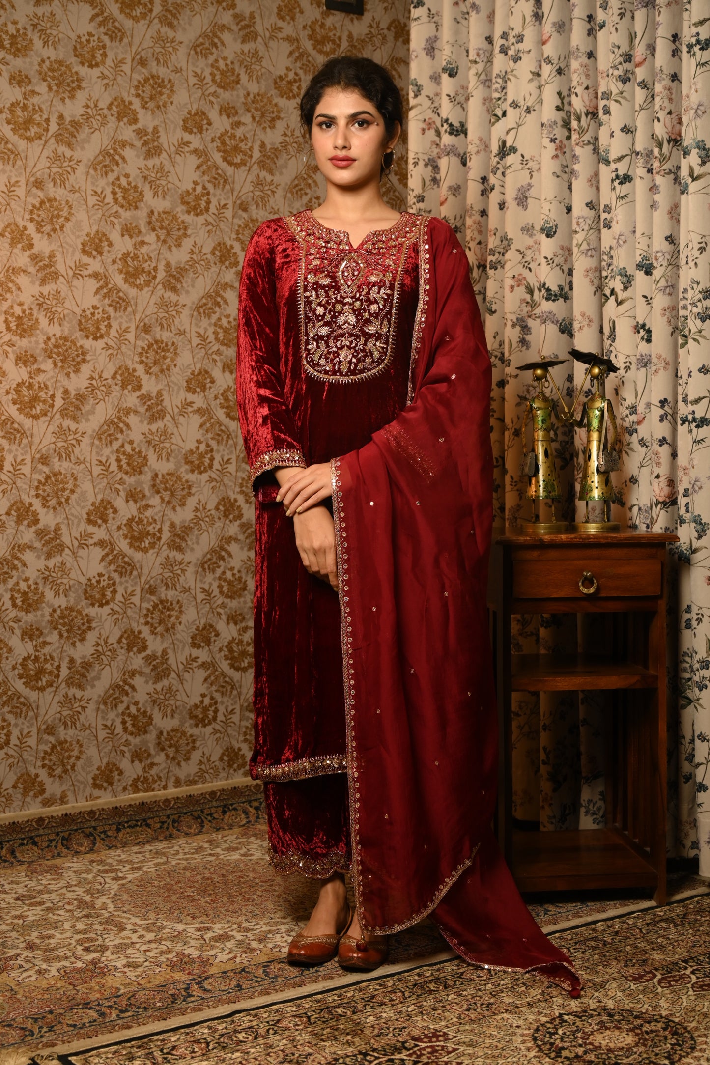 Royal Maroon Velvet Hand Embroidered suit set